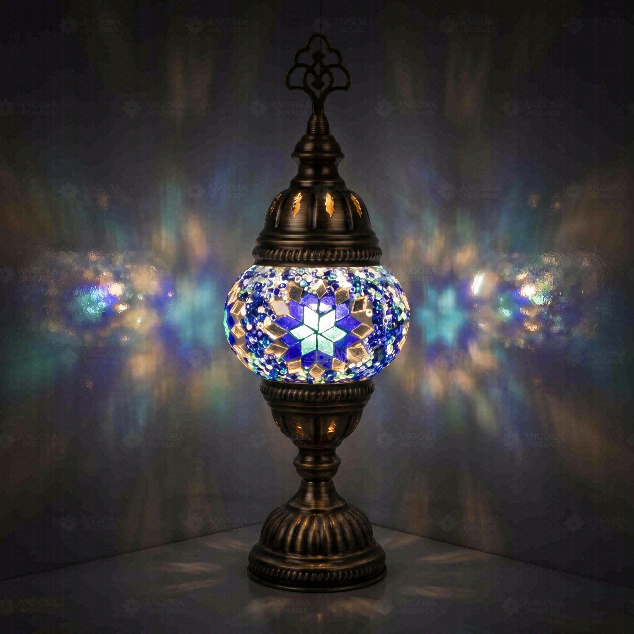 Blue Turkish mosaic table lamp illuminated, showing colorful light projection (ENV MUN1014)