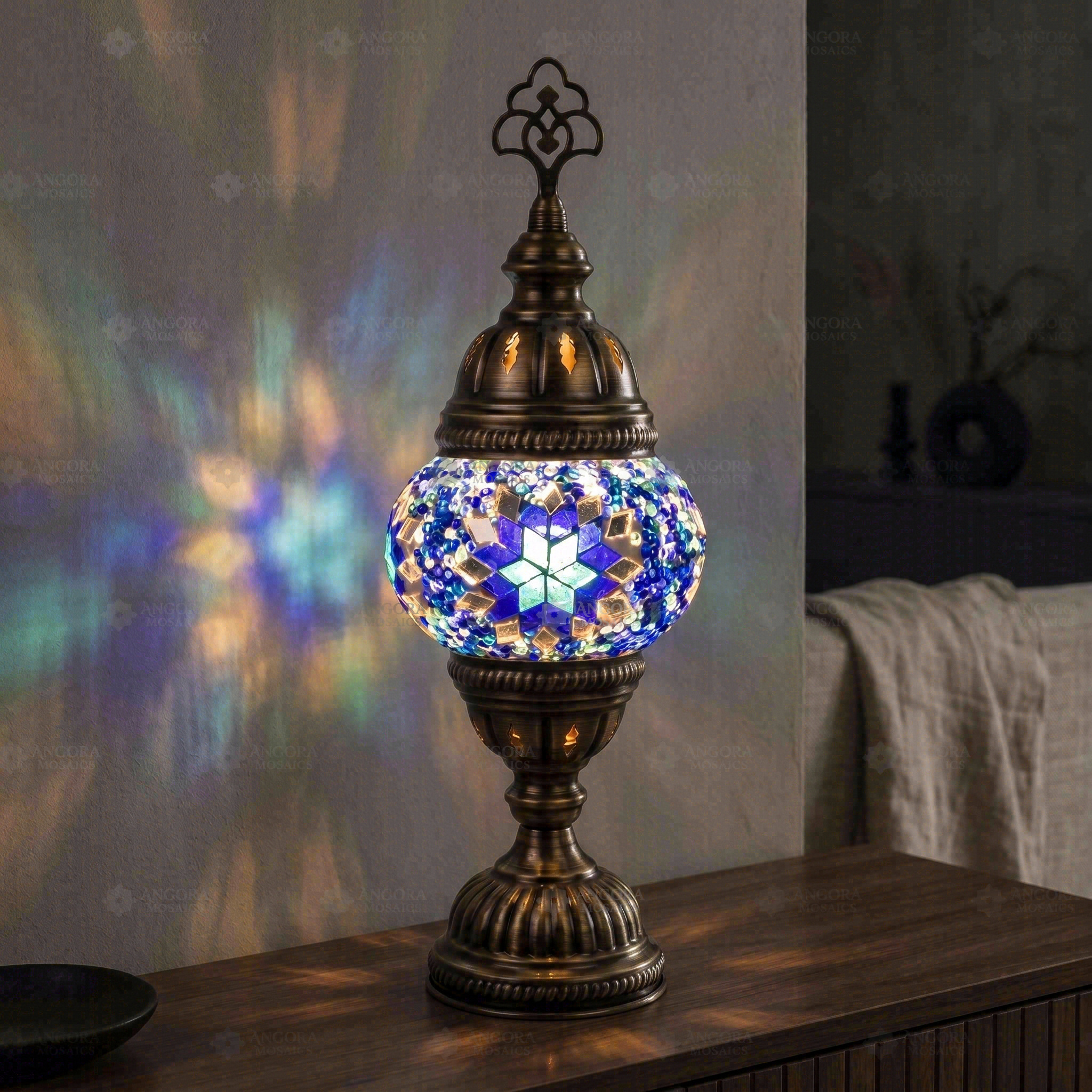 Blue blue jewel Turkish mosaic table lamp in styled room — handmade Moroccan table lamp (ENV MUN1014)