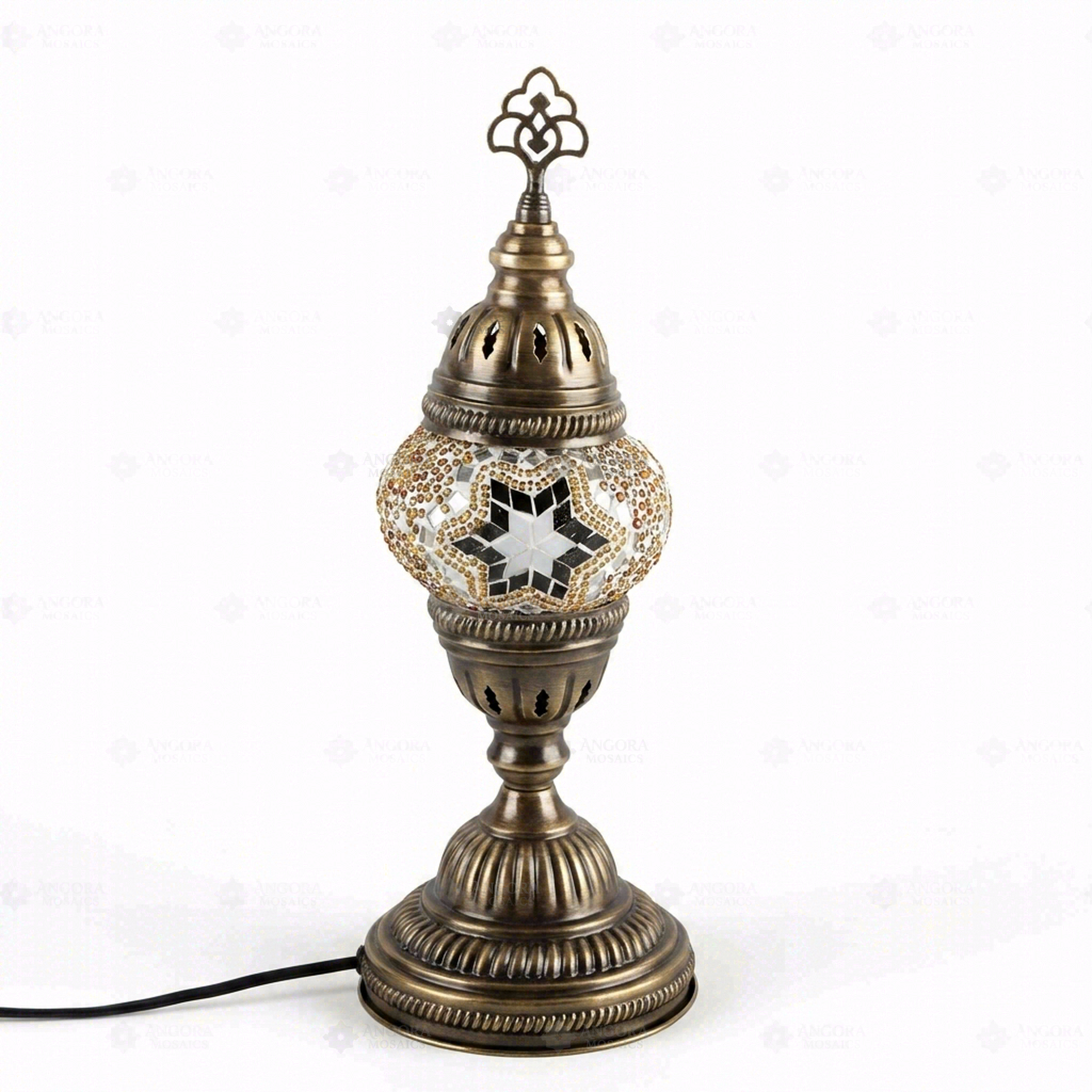 Full view of handmade Amber warm amber Turkish mosaic table lamp on white background (ENV MUN1022)