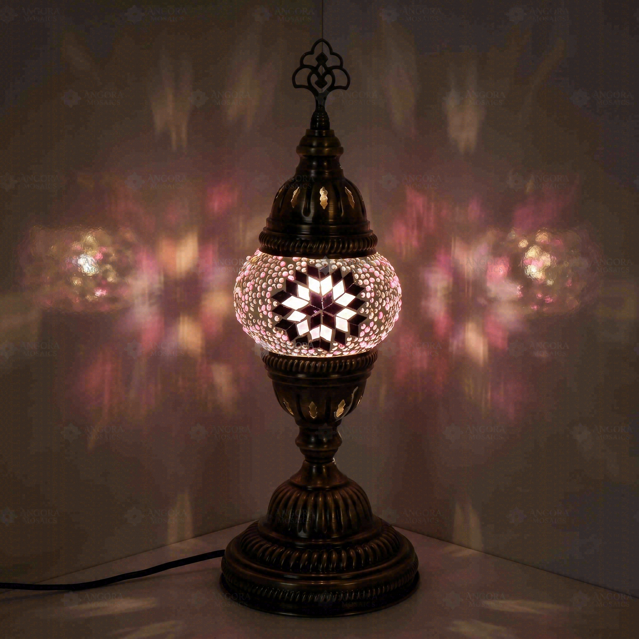 Pink Turkish mosaic table lamp illuminated, showing colorful light projection (ENV MUN1034)