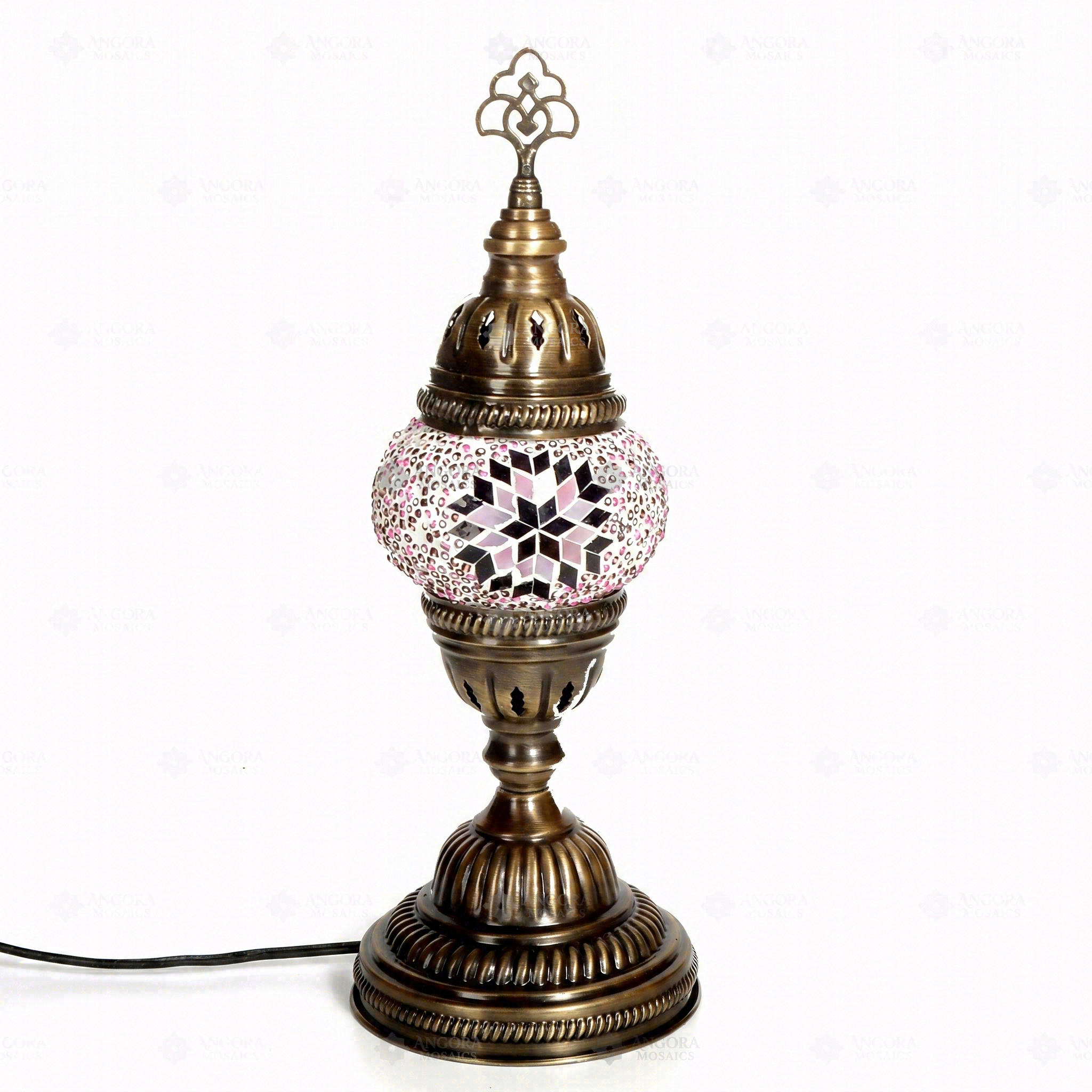Full view of handmade Pink pink rose Turkish mosaic table lamp on white background (ENV MUN1034)
