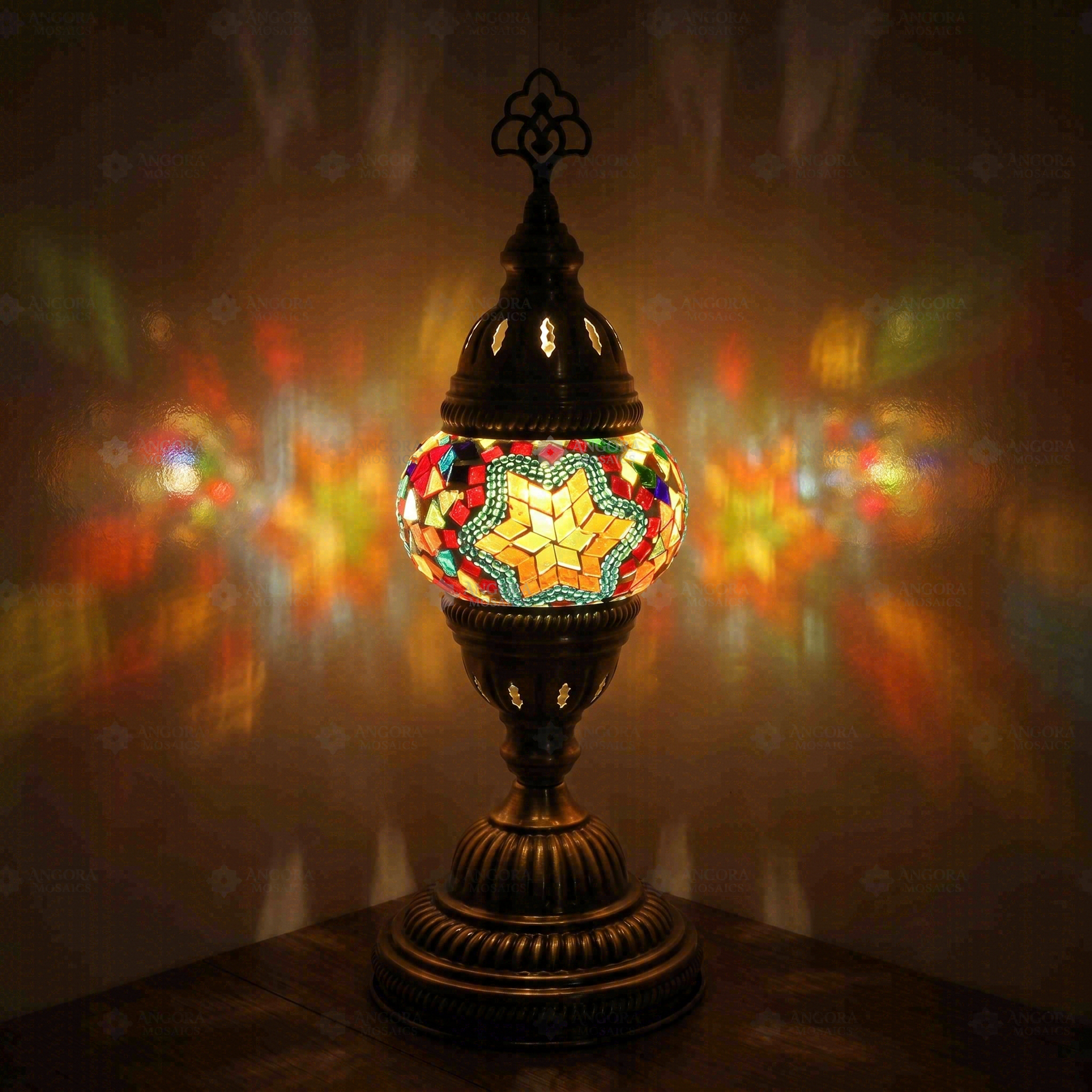 Multicolor Turkish mosaic table lamp illuminated, showing colorful light projection (ENV MUN1042)