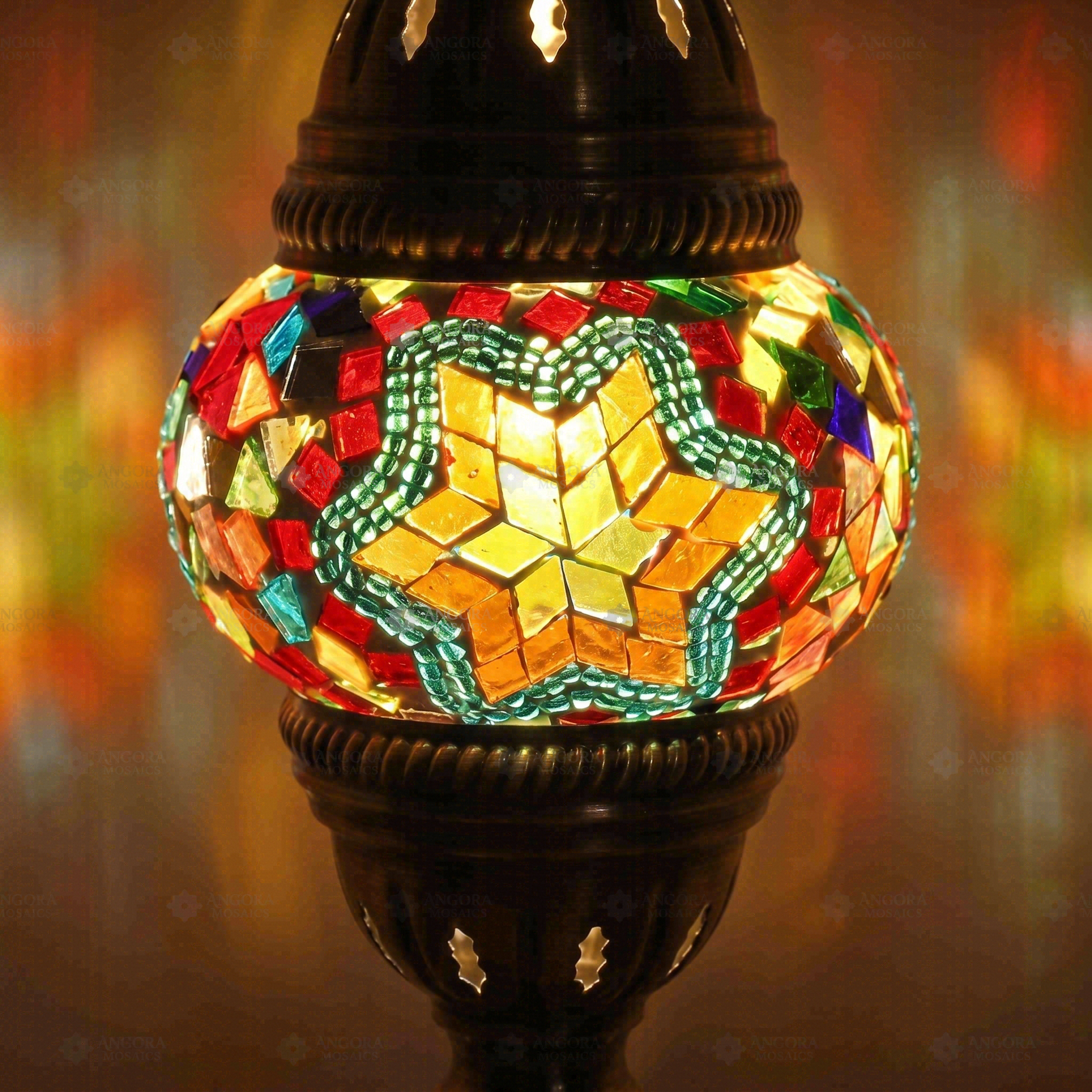 Lit close-up of mosaic glass globe — Multicolor table lamp glowing (ENV MUN1042)