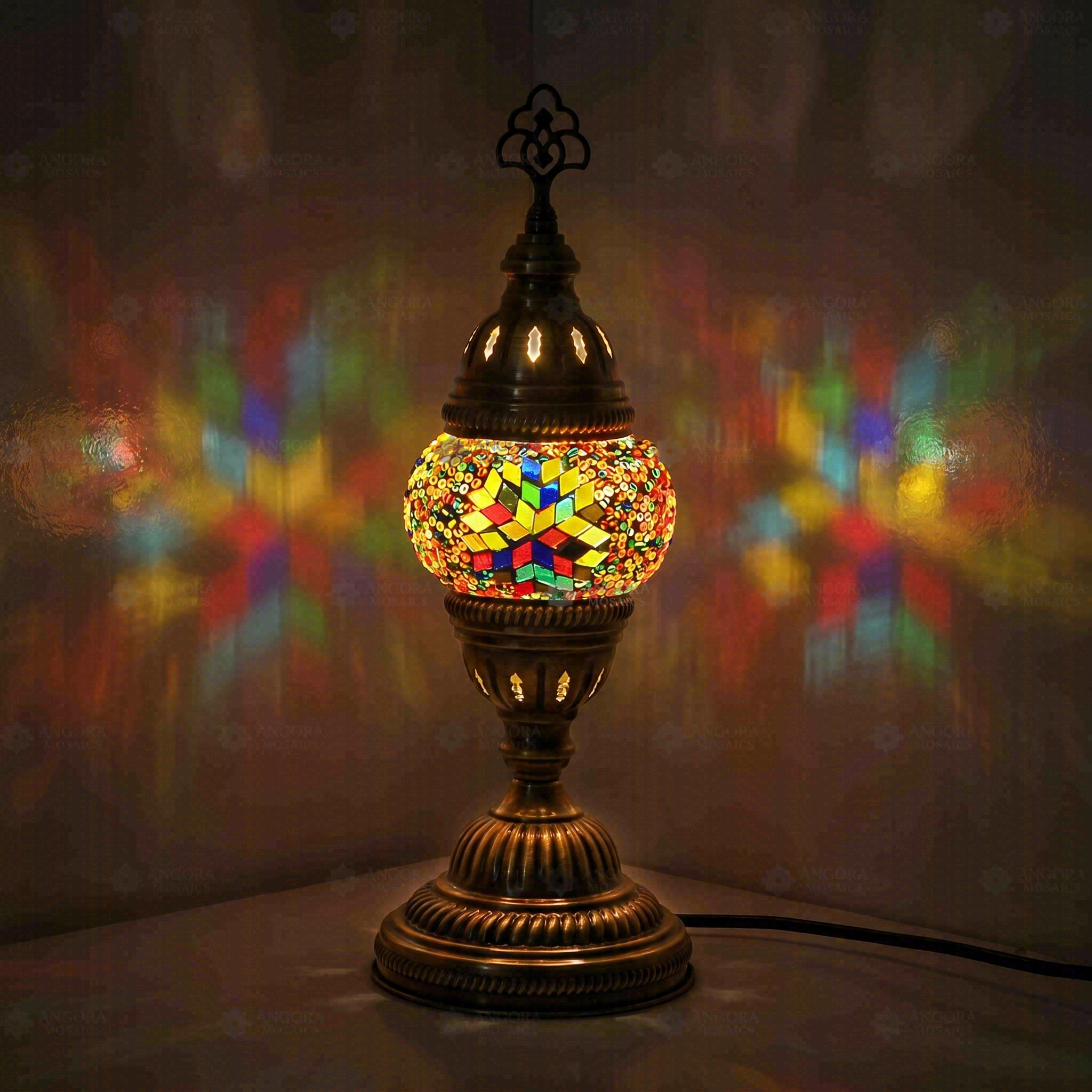 Multicolor Turkish mosaic table lamp illuminated, showing colorful light projection (ENV MUN1061)