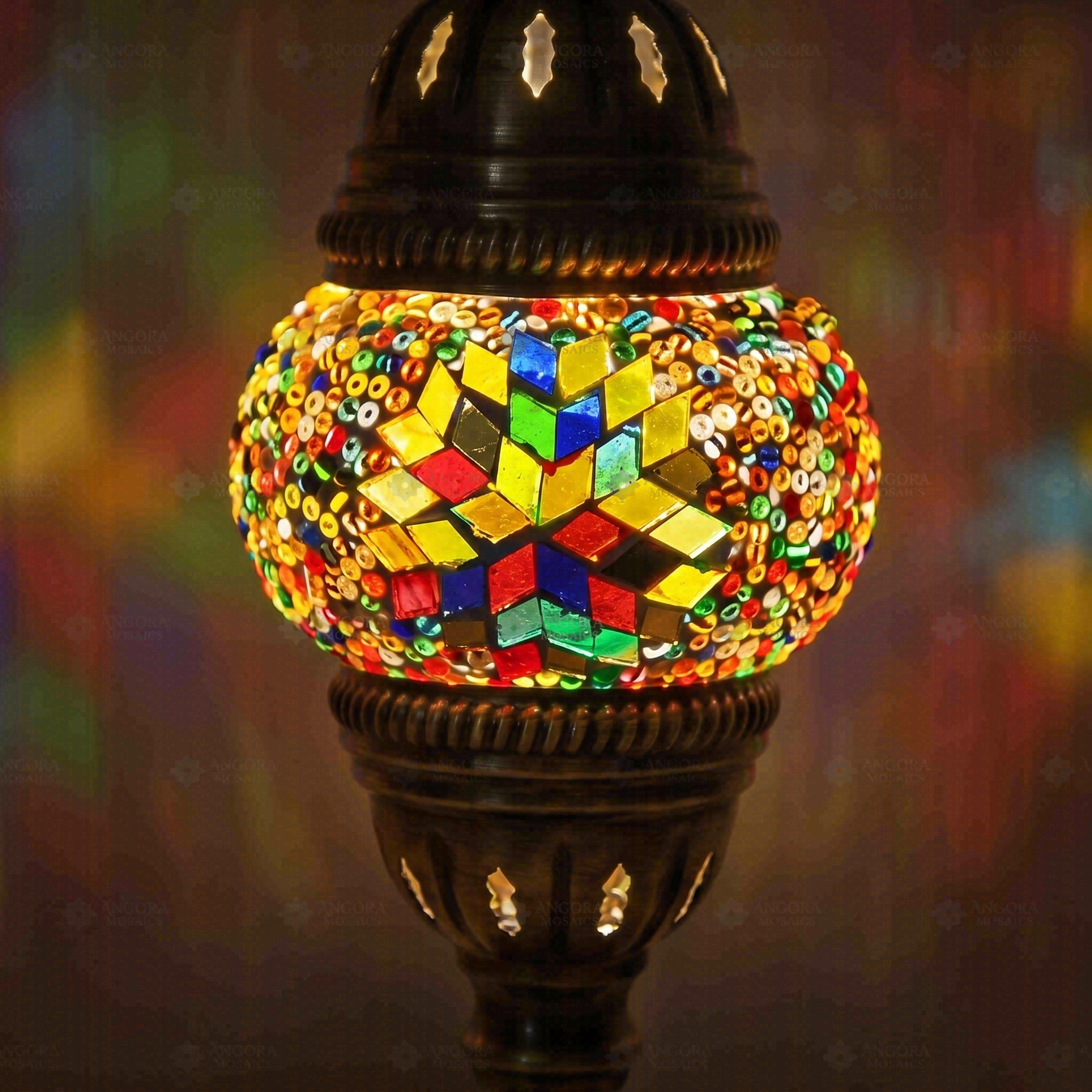Lit close-up of mosaic glass globe — Multicolor table lamp glowing (ENV MUN1061)