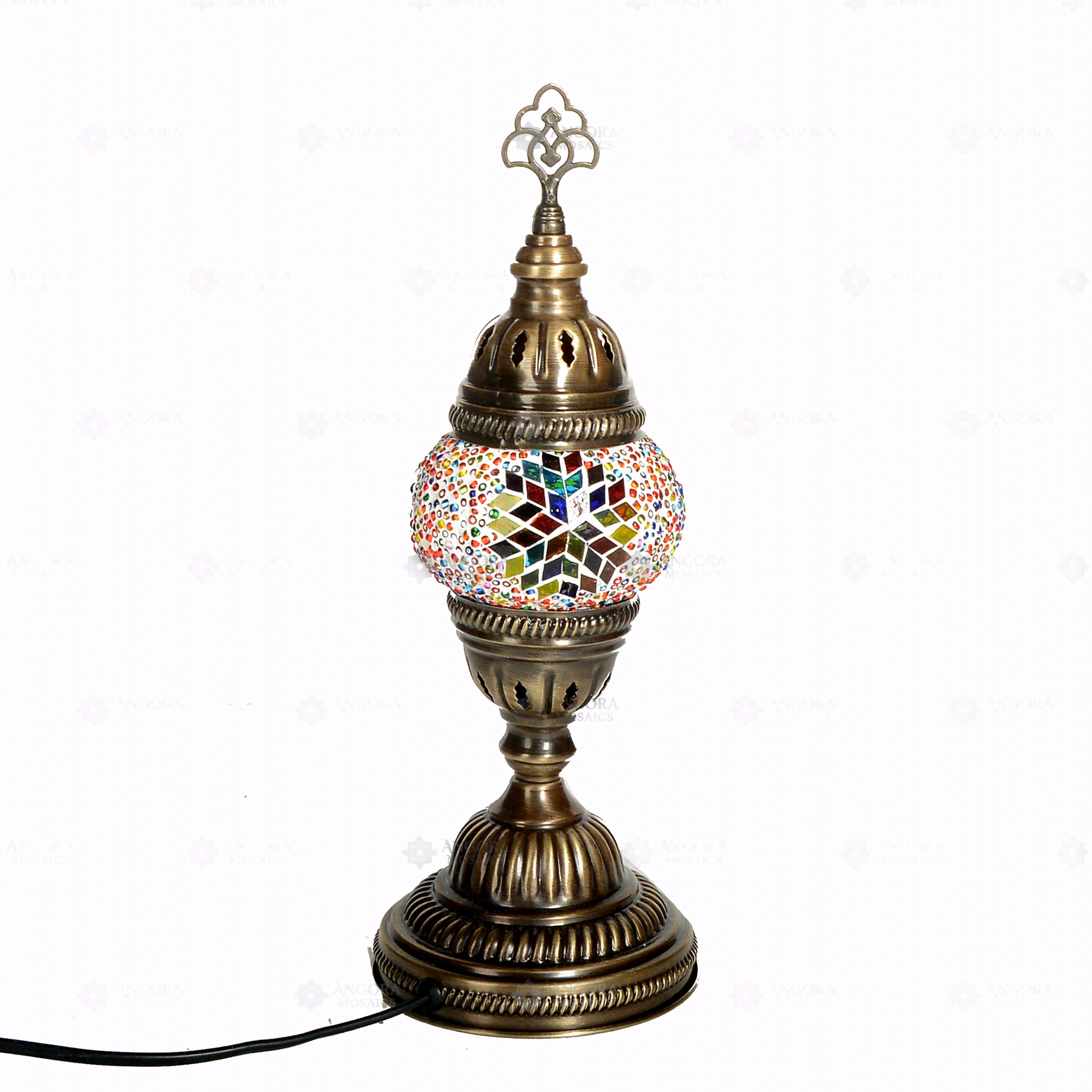 Full view of handmade Multicolor multicolor jewel Turkish mosaic table lamp on white background (ENV MUN1061)