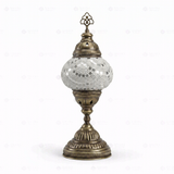 Full view of handmade White white glow Turkish mosaic table lamp on white background (ENV MUN2001)