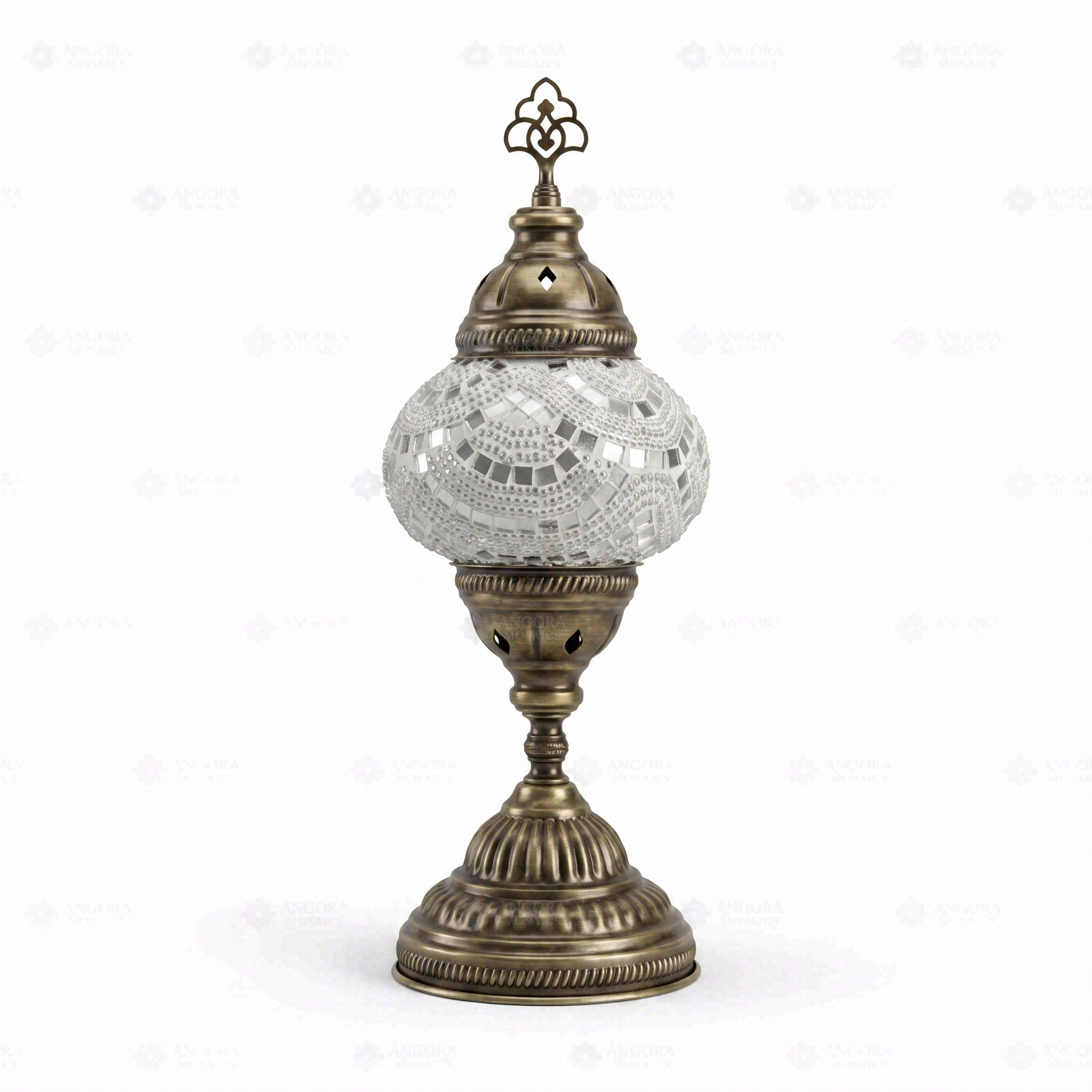 Full view of handmade White white glow Turkish mosaic table lamp on white background (ENV MUN2001)