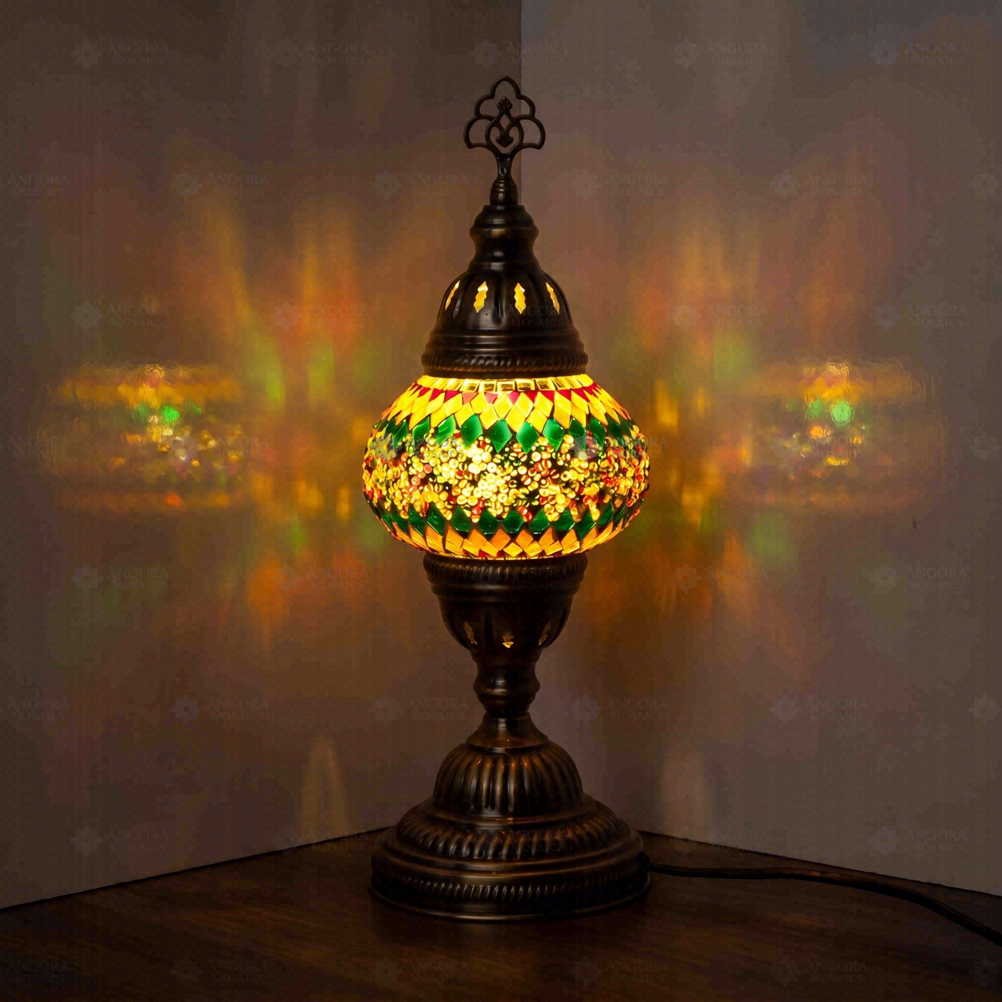 Multicolor Turkish mosaic table lamp illuminated, showing colorful light projection (ENV MUN2003)