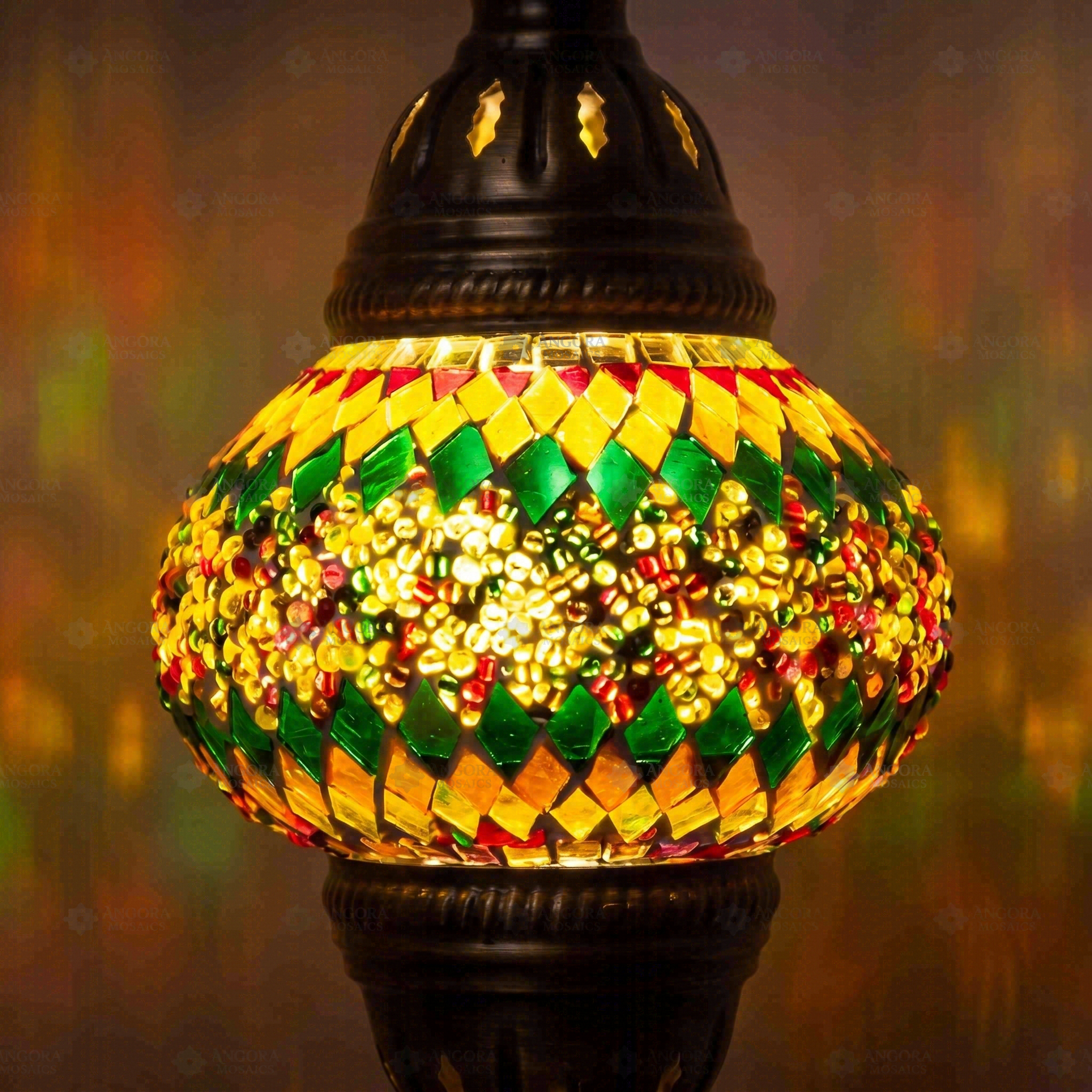 Lit close-up of mosaic glass globe — Multicolor table lamp glowing (ENV MUN2003)