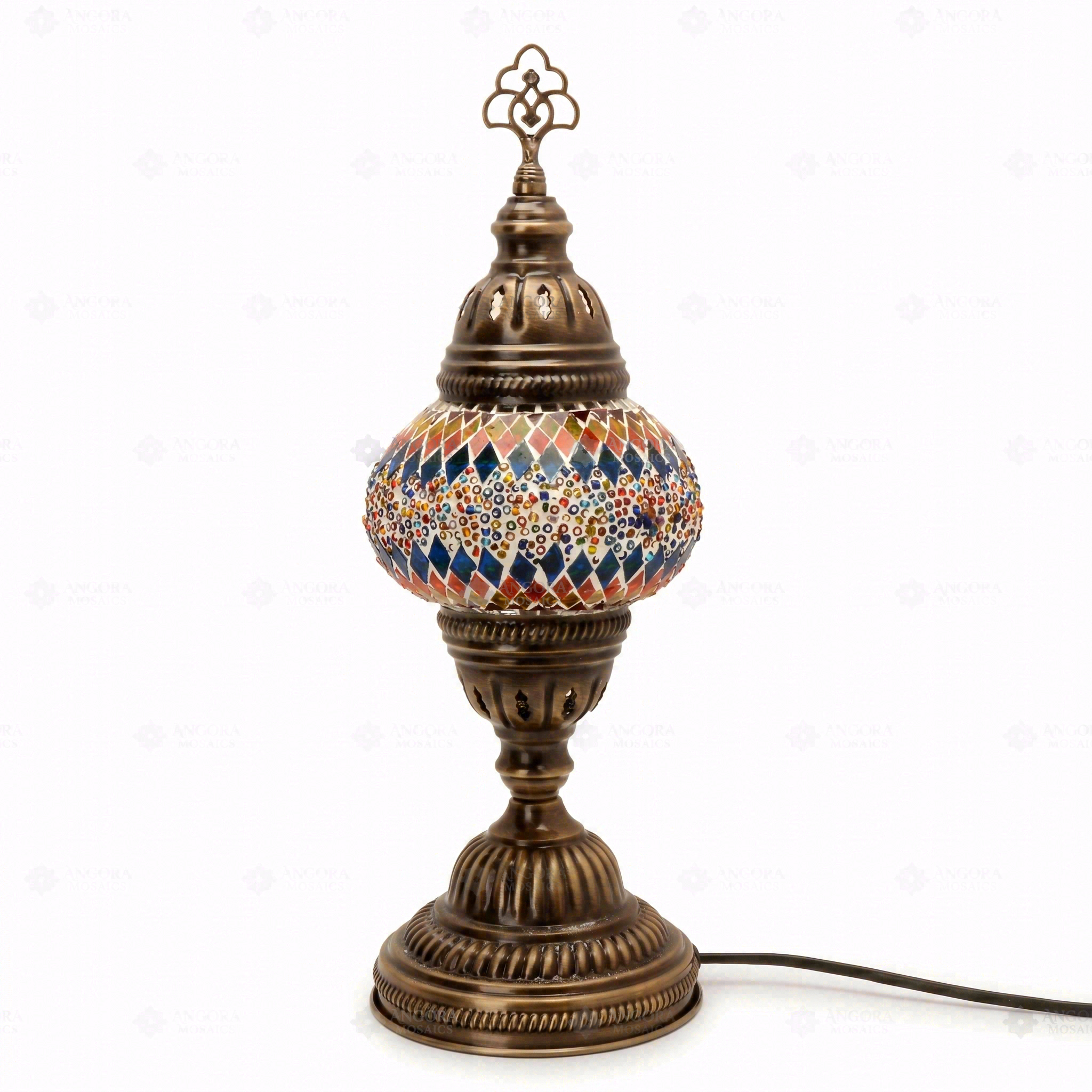 Full view of handmade Multicolor multicolor jewel Turkish mosaic table lamp on white background (ENV MUN2003)