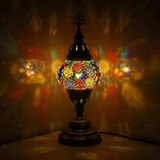 Multicolor Turkish mosaic table lamp illuminated, showing colorful light projection (ENV MUN2008)