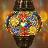 Lit close-up of mosaic glass globe — Multicolor table lamp glowing (ENV MUN2008)