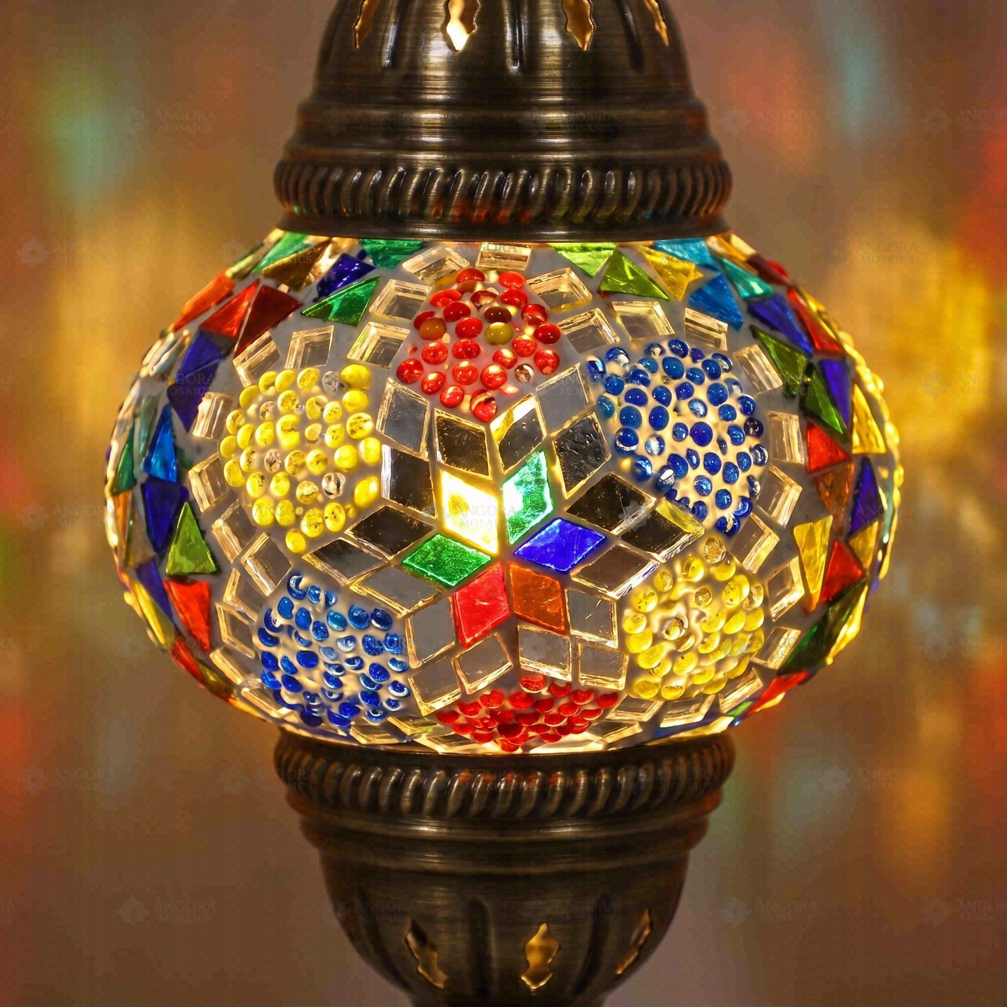 Lit close-up of mosaic glass globe — Multicolor table lamp glowing (ENV MUN2008)