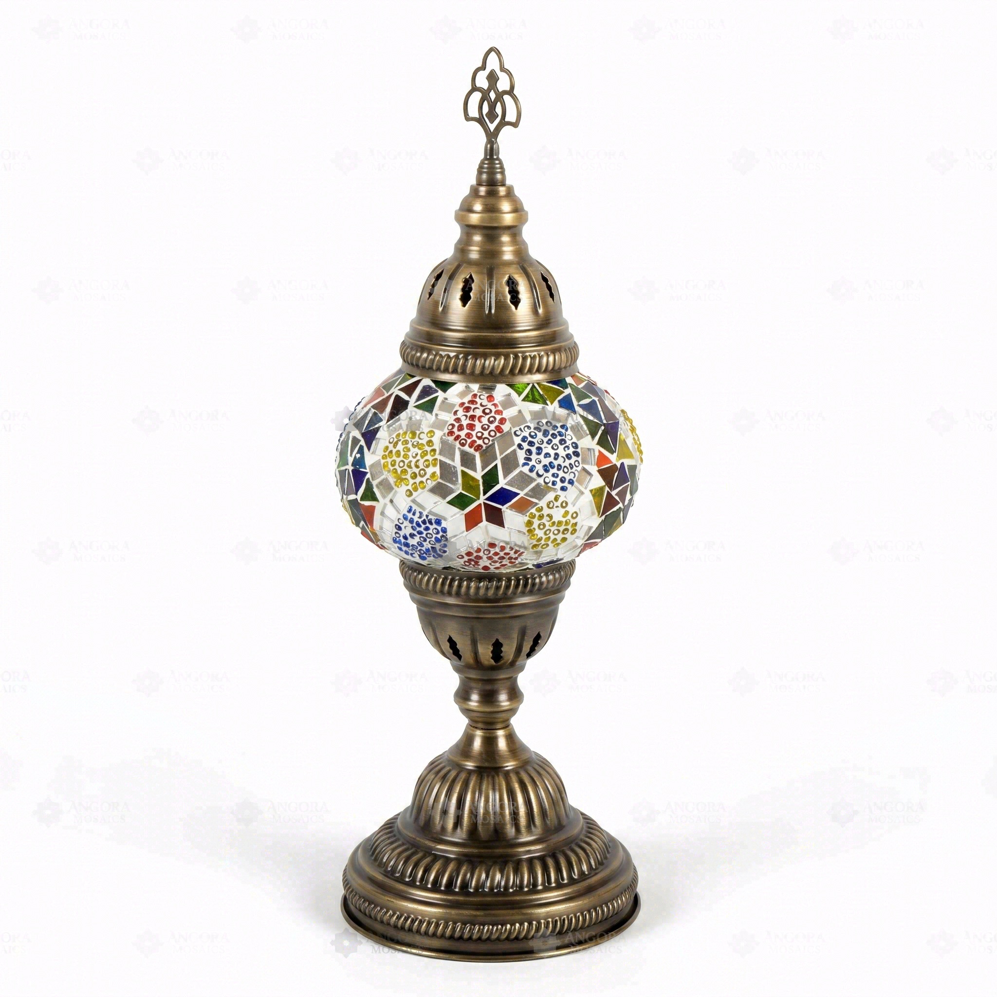 Full view of handmade Multicolor multicolor jewel Turkish mosaic table lamp on white background (ENV MUN2008)