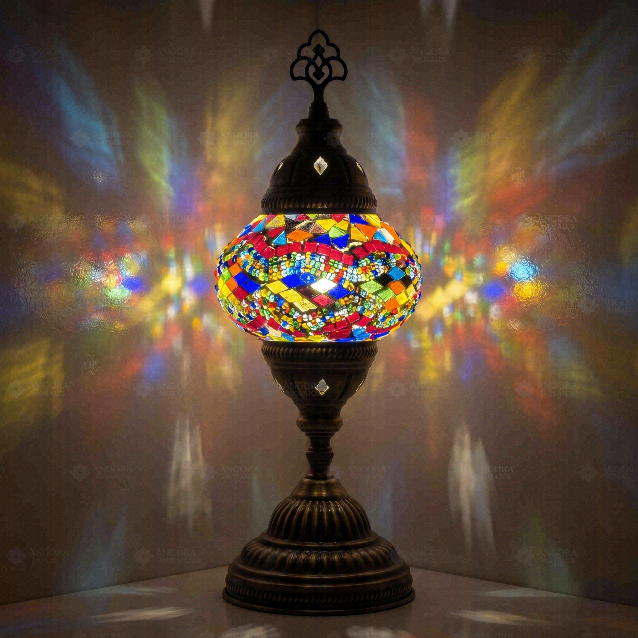 Multicolor Turkish mosaic table lamp illuminated, showing colorful light projection (ENV MUN2012)