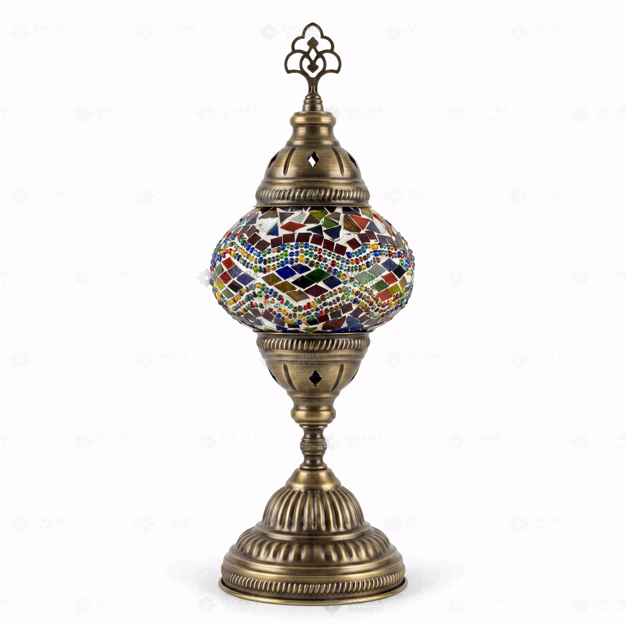 Full view of handmade Multicolor multicolor jewel Turkish mosaic table lamp on white background (ENV MUN2012)