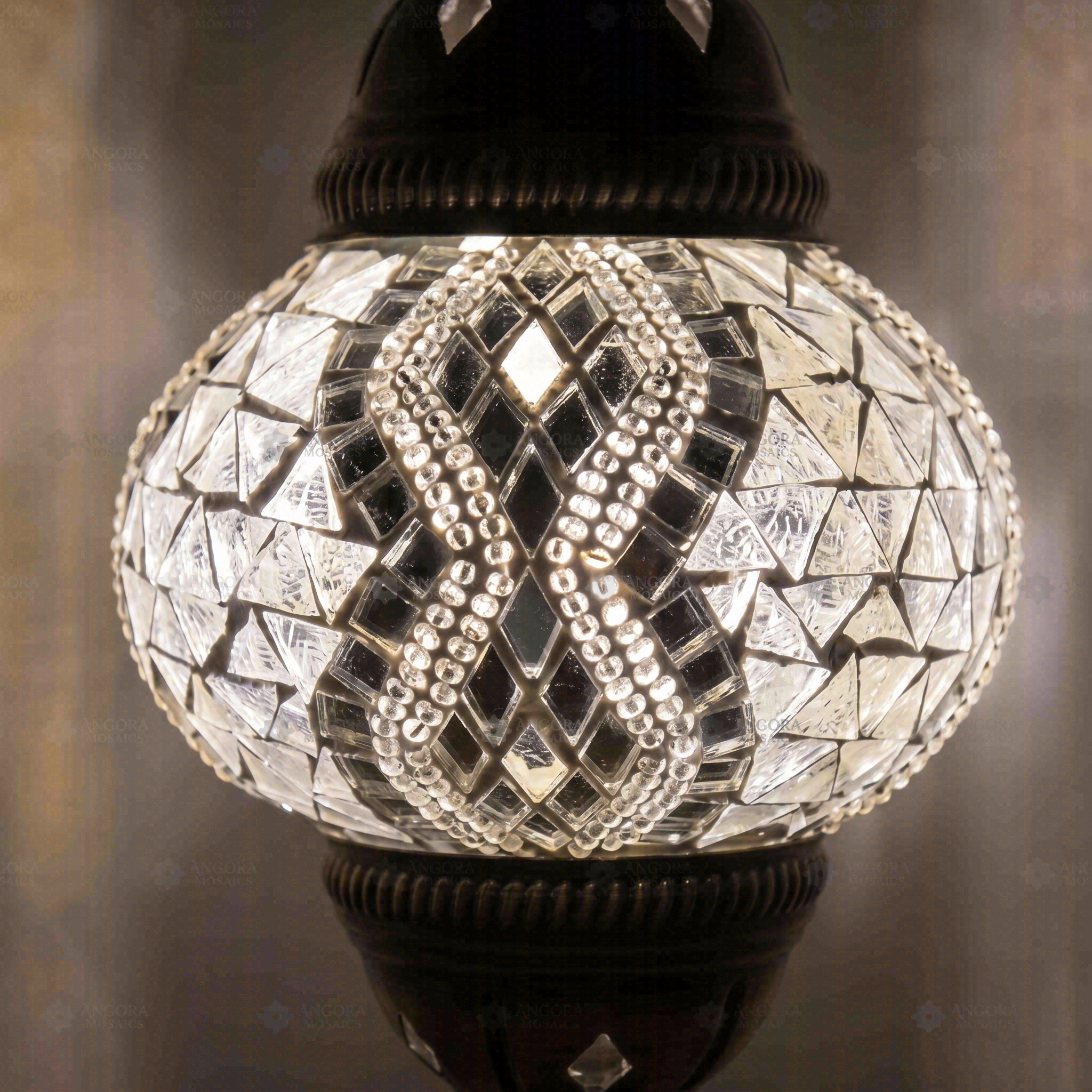 Lit close-up of mosaic glass globe — White table lamp glowing (ENV MUN2017)