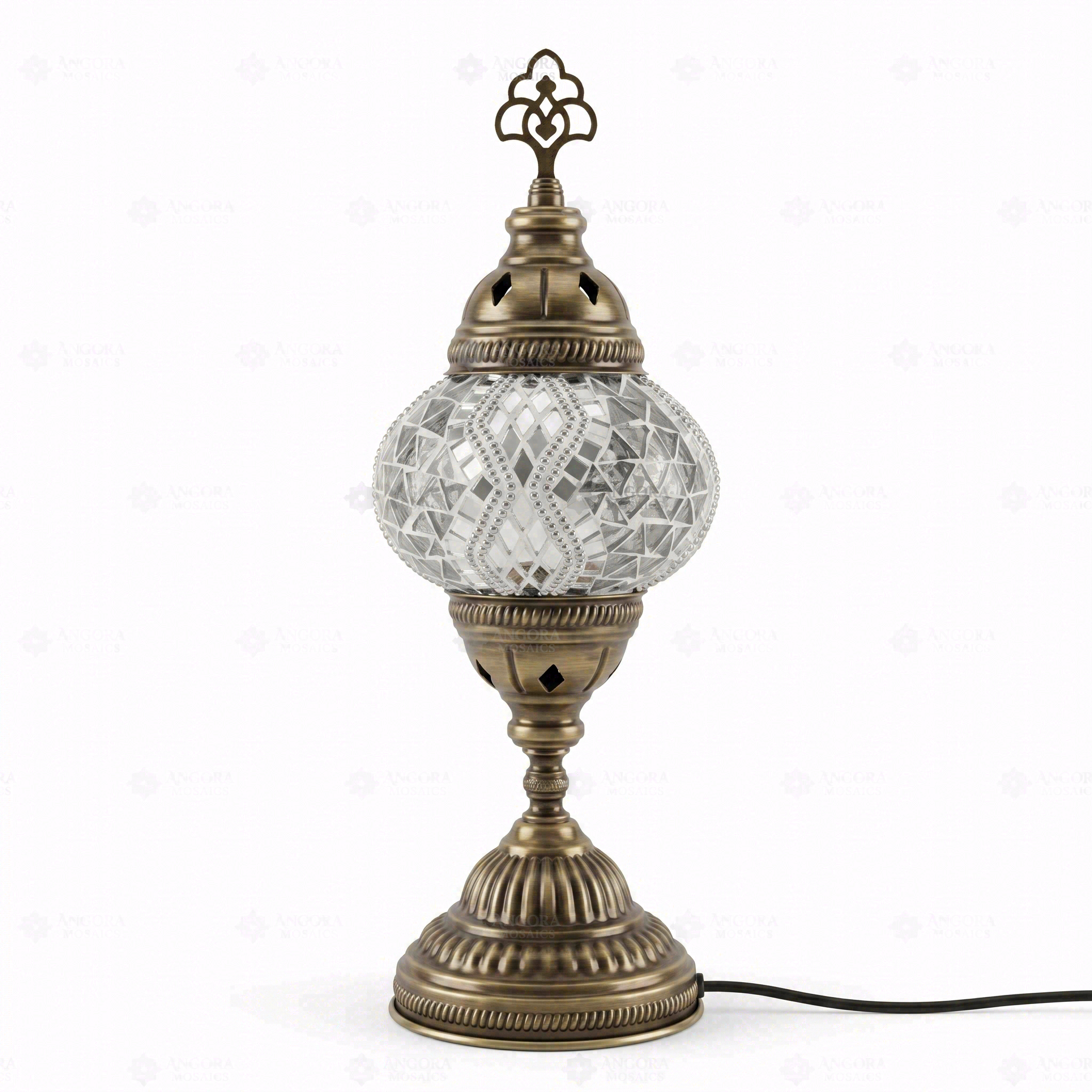 Full view of handmade White white glow Turkish mosaic table lamp on white background (ENV MUN2017)