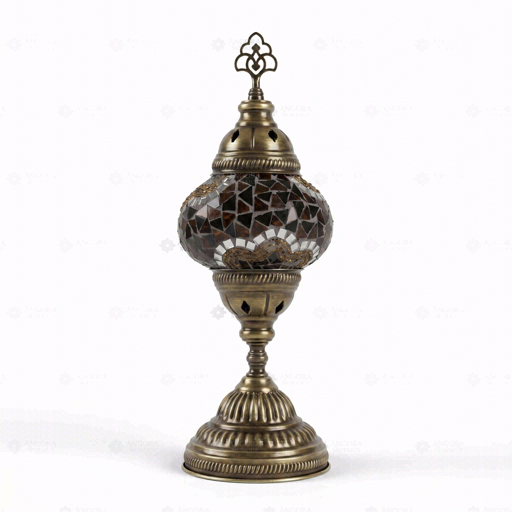 Full view of handmade Amber warm amber Turkish mosaic table lamp on white background (ENV MUN2079)