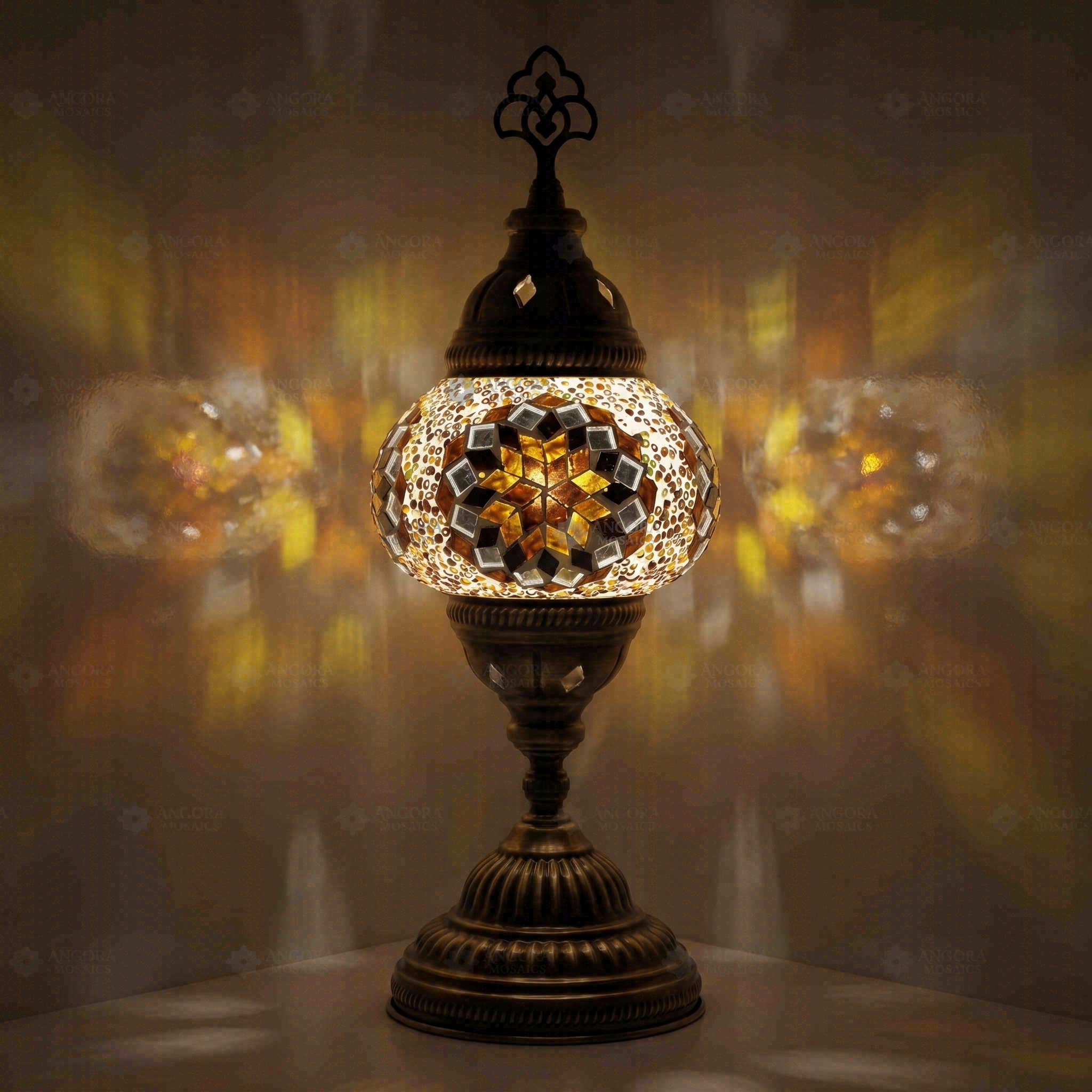 Amber Turkish mosaic table lamp illuminated, showing colorful light projection (ENV MUN2118)