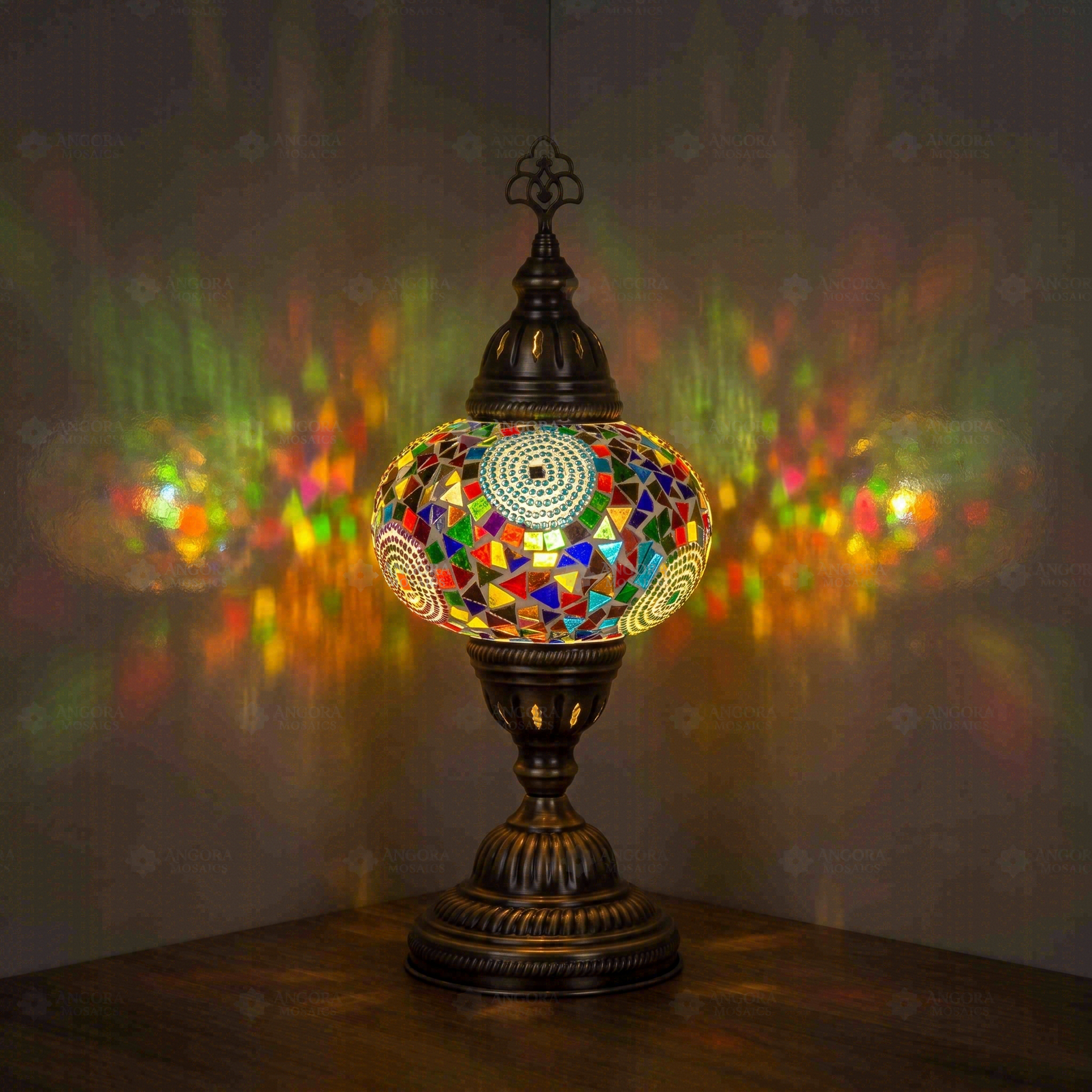 Multicolor Turkish mosaic table lamp illuminated, showing colorful light projection (ENV MUN3001)