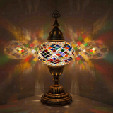 Multicolor Turkish mosaic table lamp illuminated, showing colorful light projection (ENV MUN3002)