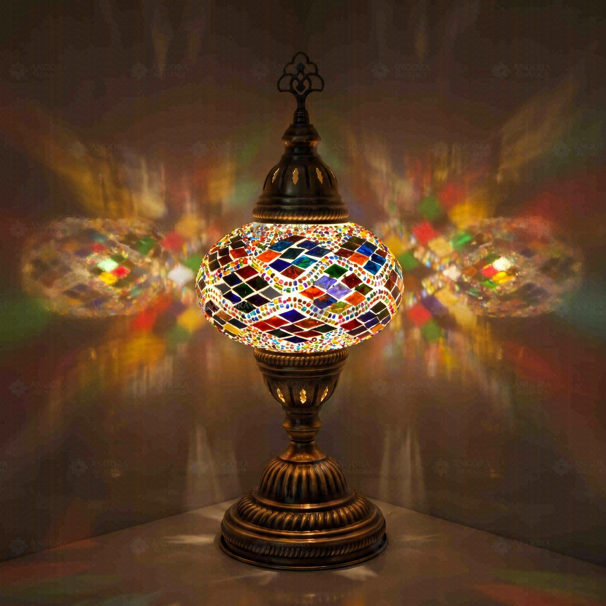 Multicolor Turkish mosaic table lamp illuminated, showing colorful light projection (ENV MUN3002)