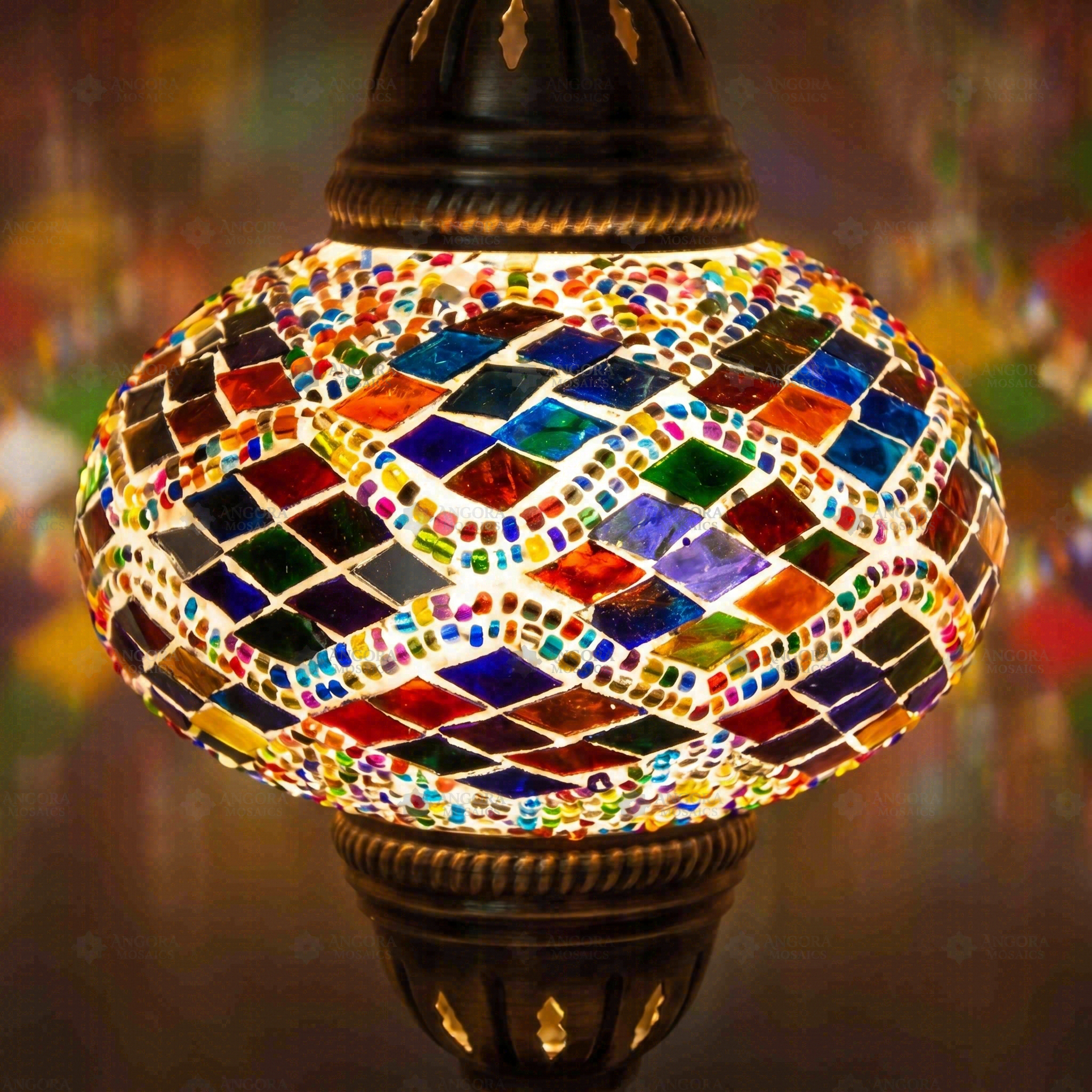 Lit close-up of mosaic glass globe — Multicolor table lamp glowing (ENV MUN3002)