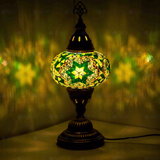 Green Turkish mosaic table lamp illuminated, showing colorful light projection (ENV MUN3003)