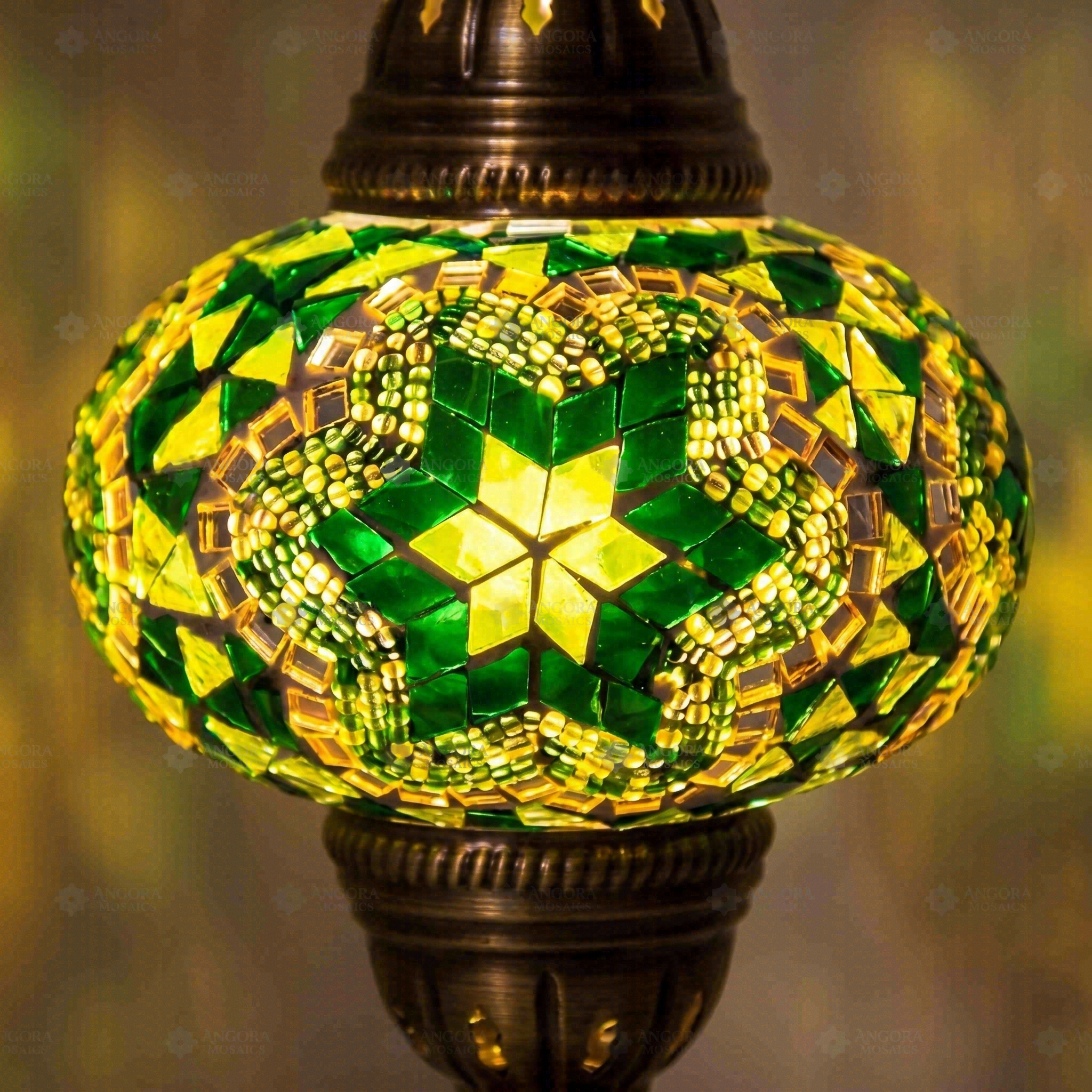 Lit close-up of mosaic glass globe — Green table lamp glowing (ENV MUN3003)
