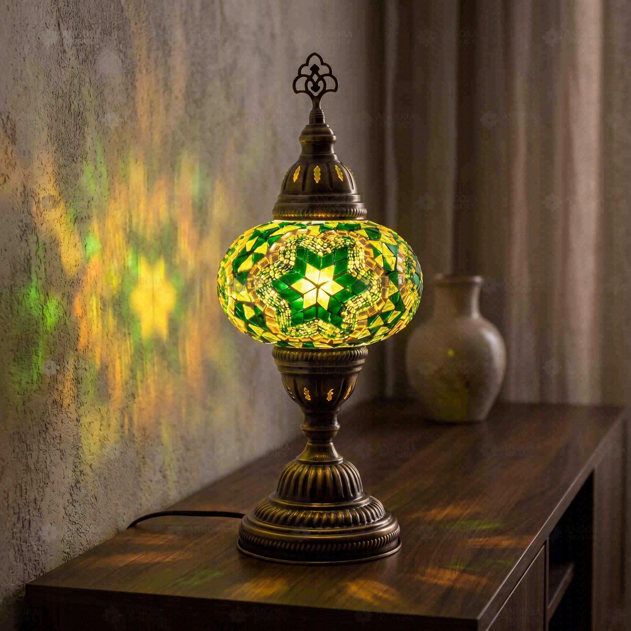 Green green jewel Turkish mosaic table lamp in styled room — handmade Moroccan table lamp (ENV MUN3003)