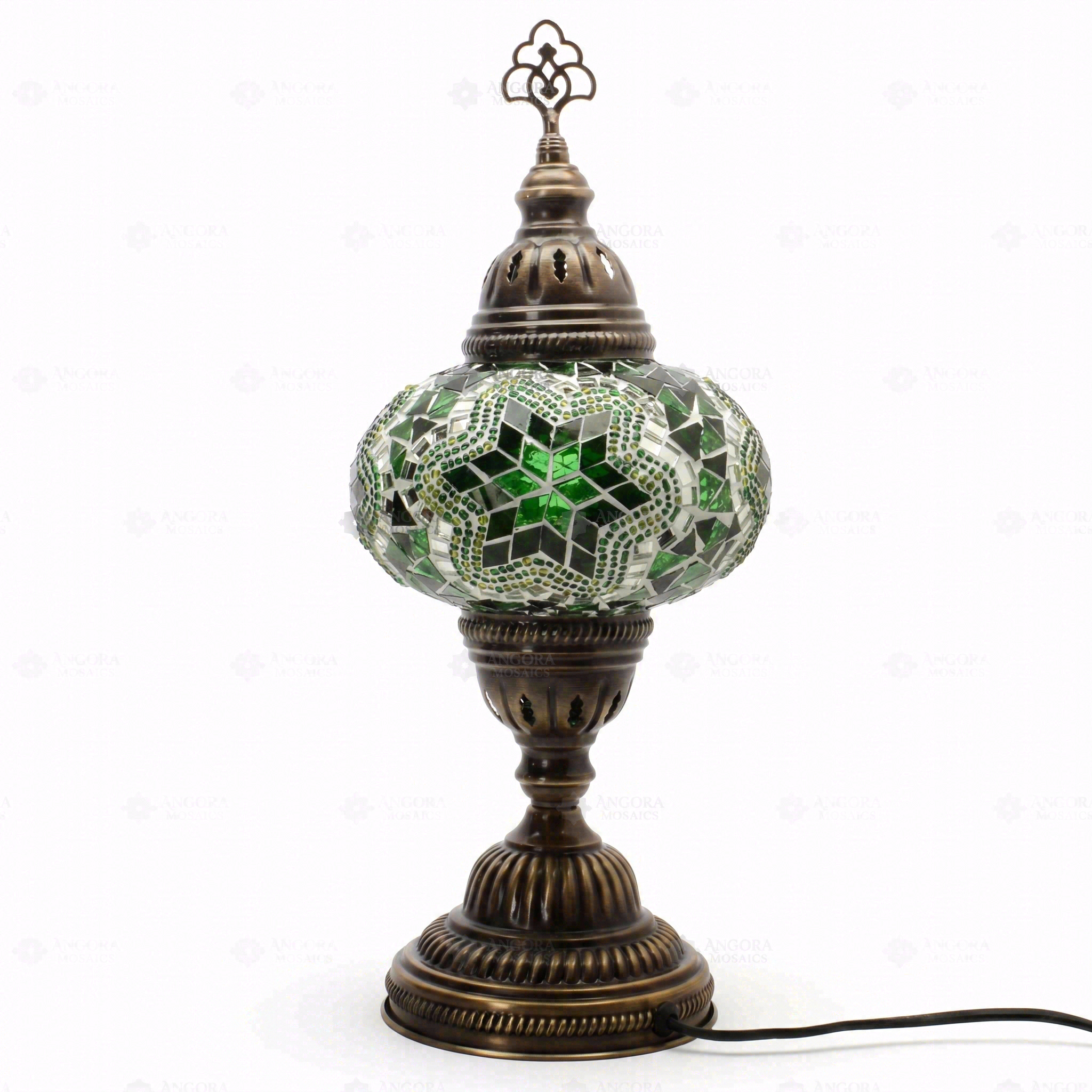 Full view of handmade Green green jewel Turkish mosaic table lamp on white background (ENV MUN3003)