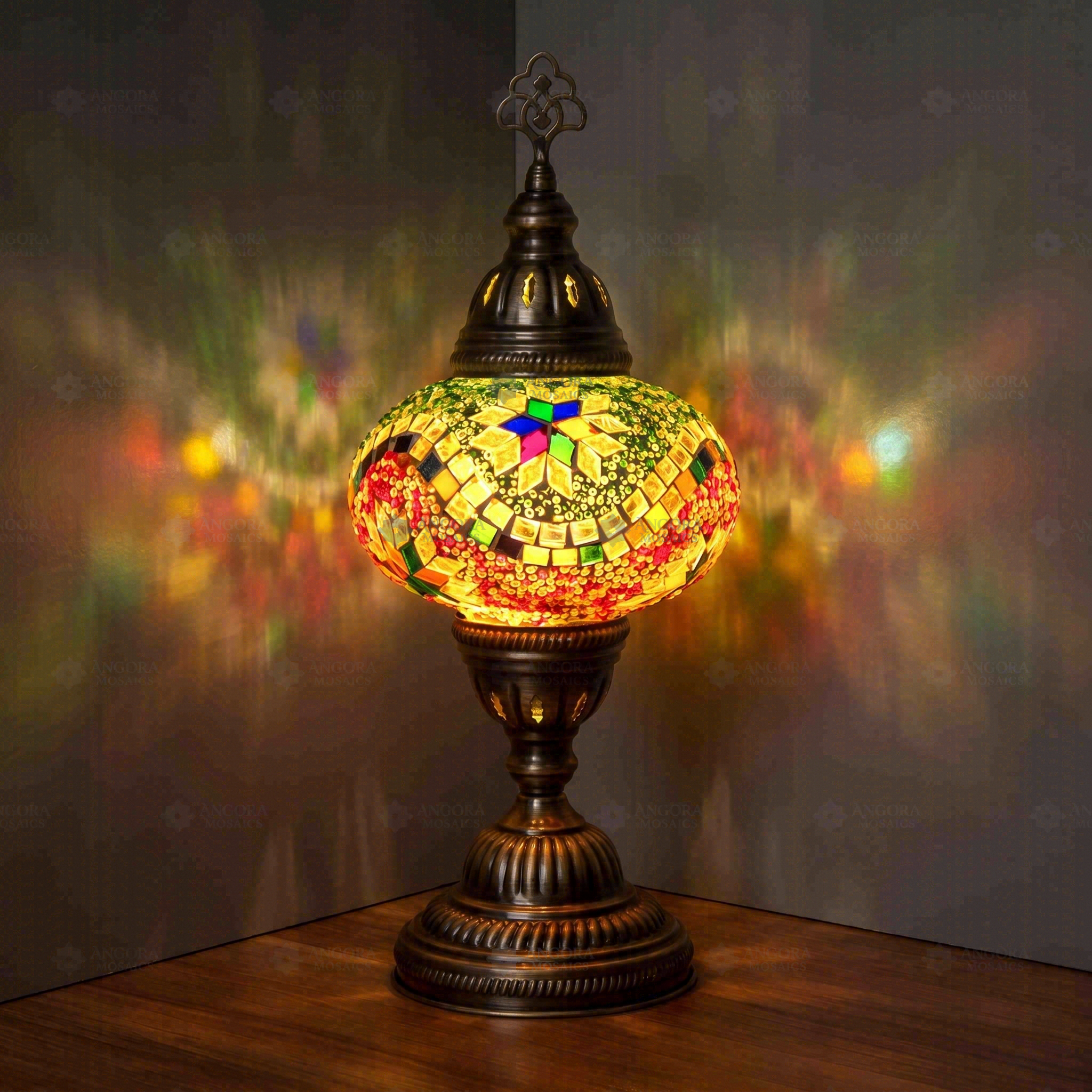 Multicolor Turkish mosaic table lamp illuminated, showing colorful light projection (ENV MUN3004)