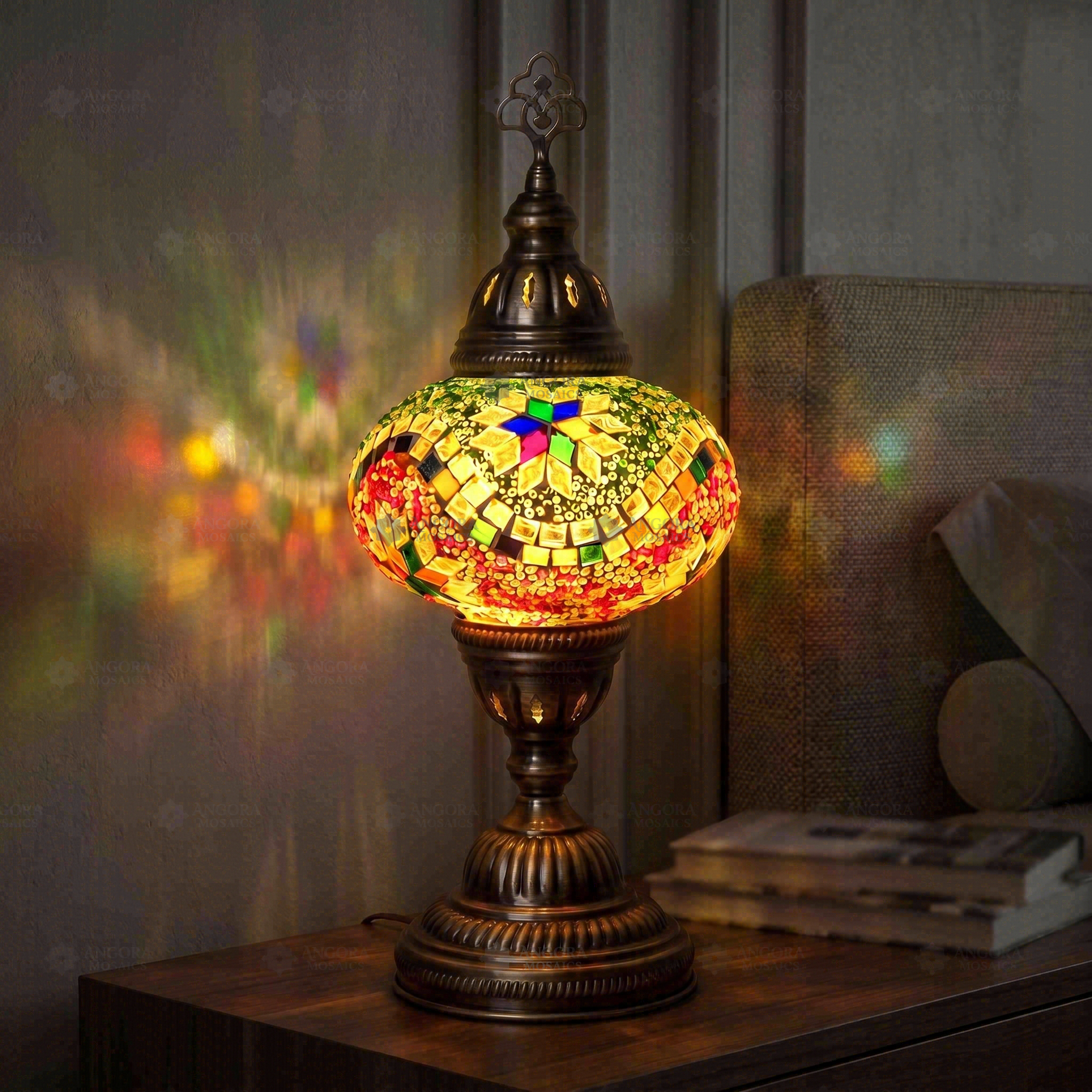 Multicolor multicolor jewel Turkish mosaic table lamp in styled room — handmade Moroccan table lamp (ENV MUN3004)