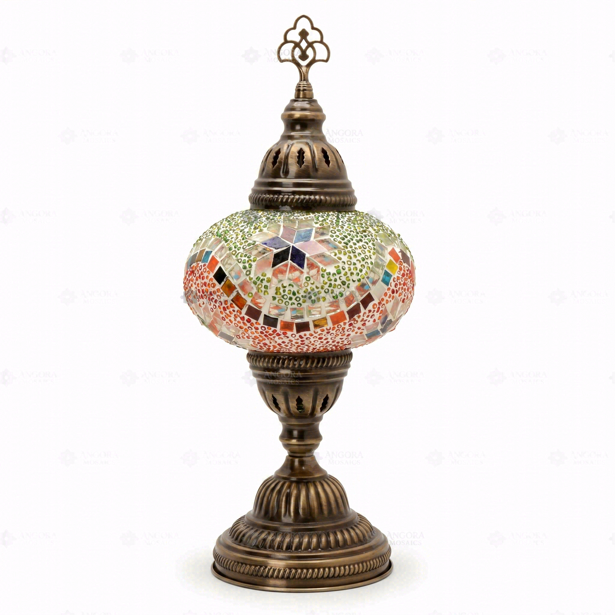 Full view of handmade Multicolor multicolor jewel Turkish mosaic table lamp on white background (ENV MUN3004)