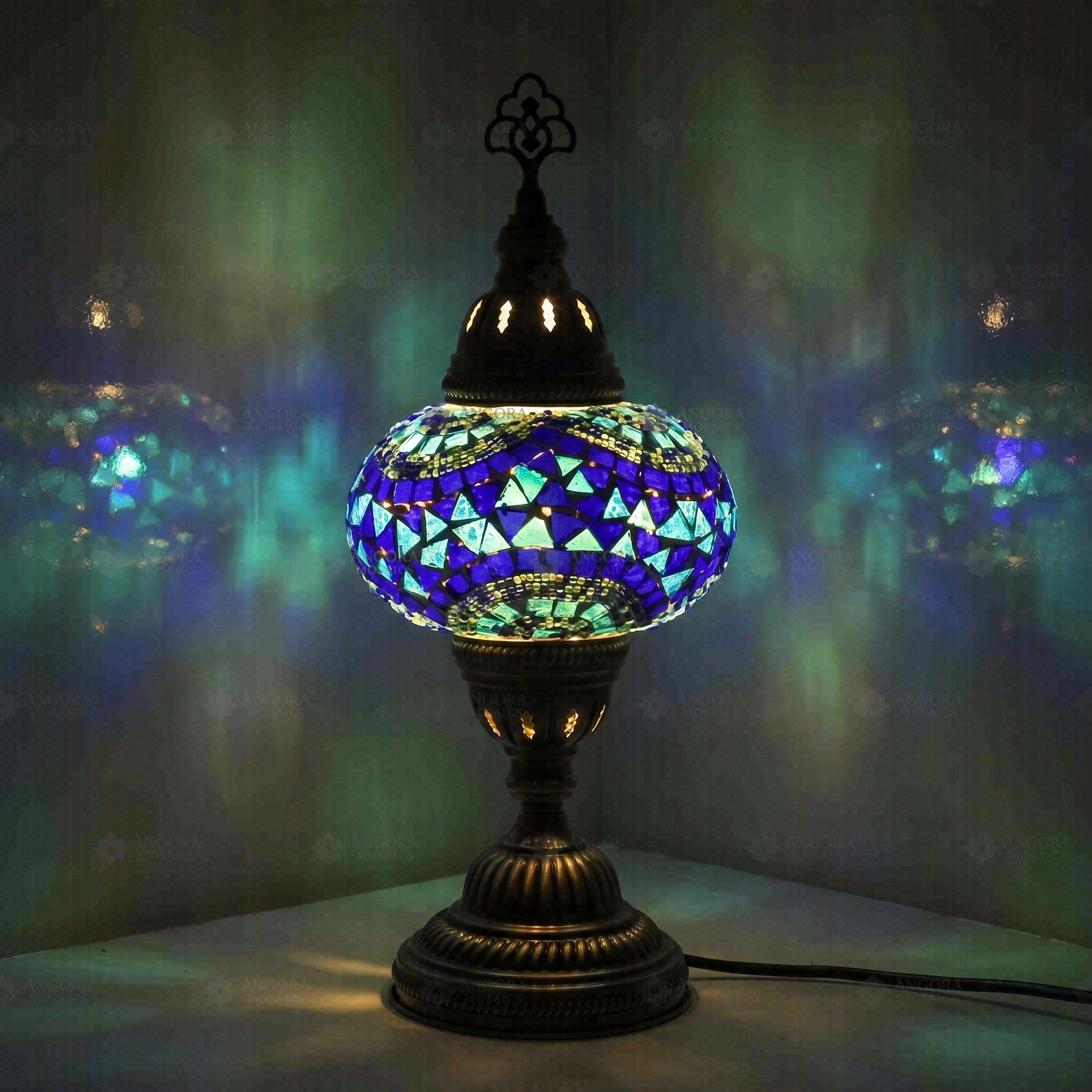 Blue Turkish mosaic table lamp illuminated, showing colorful light projection (ENV MUN3005)