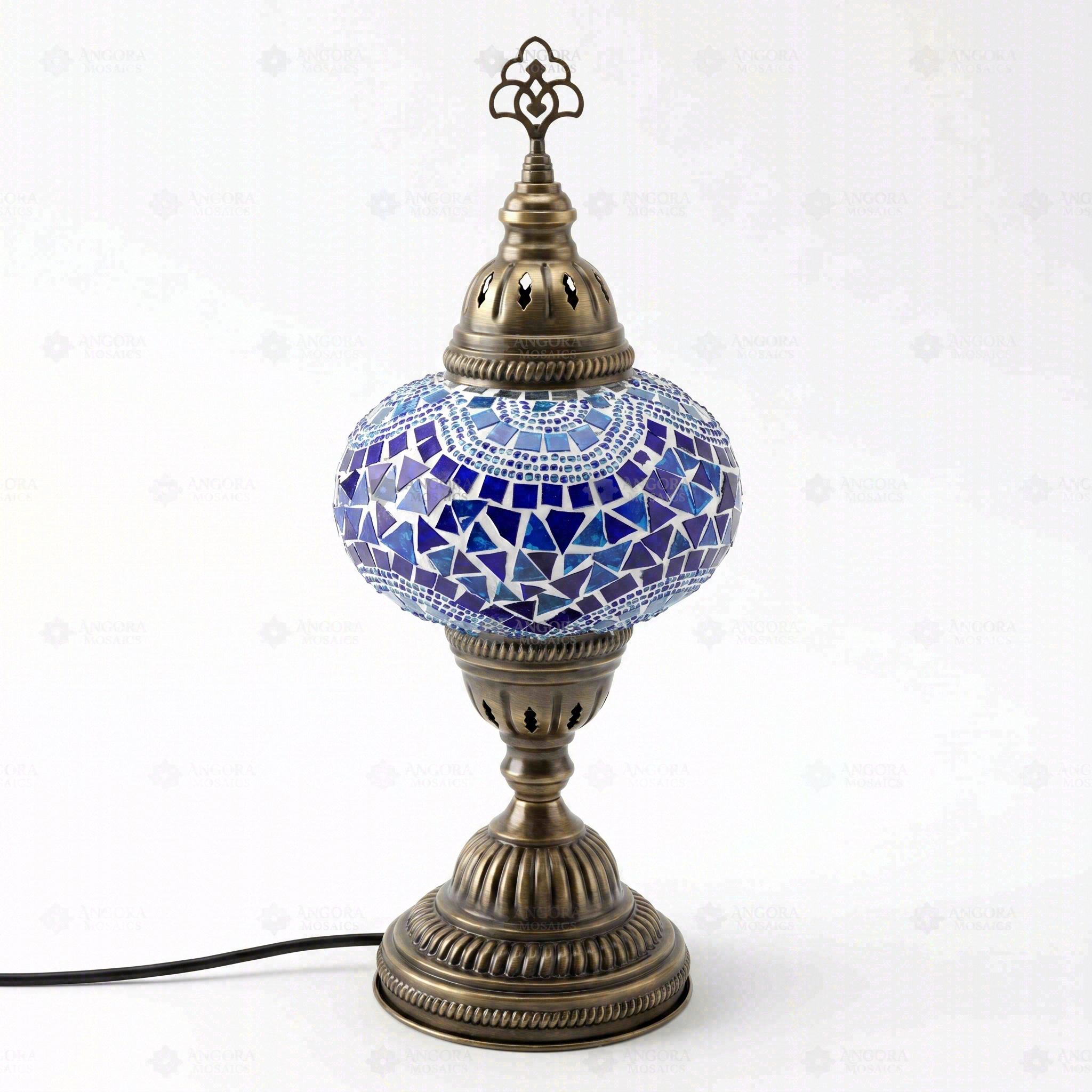 Full view of handmade Blue blue jewel Turkish mosaic table lamp on white background (ENV MUN3005)