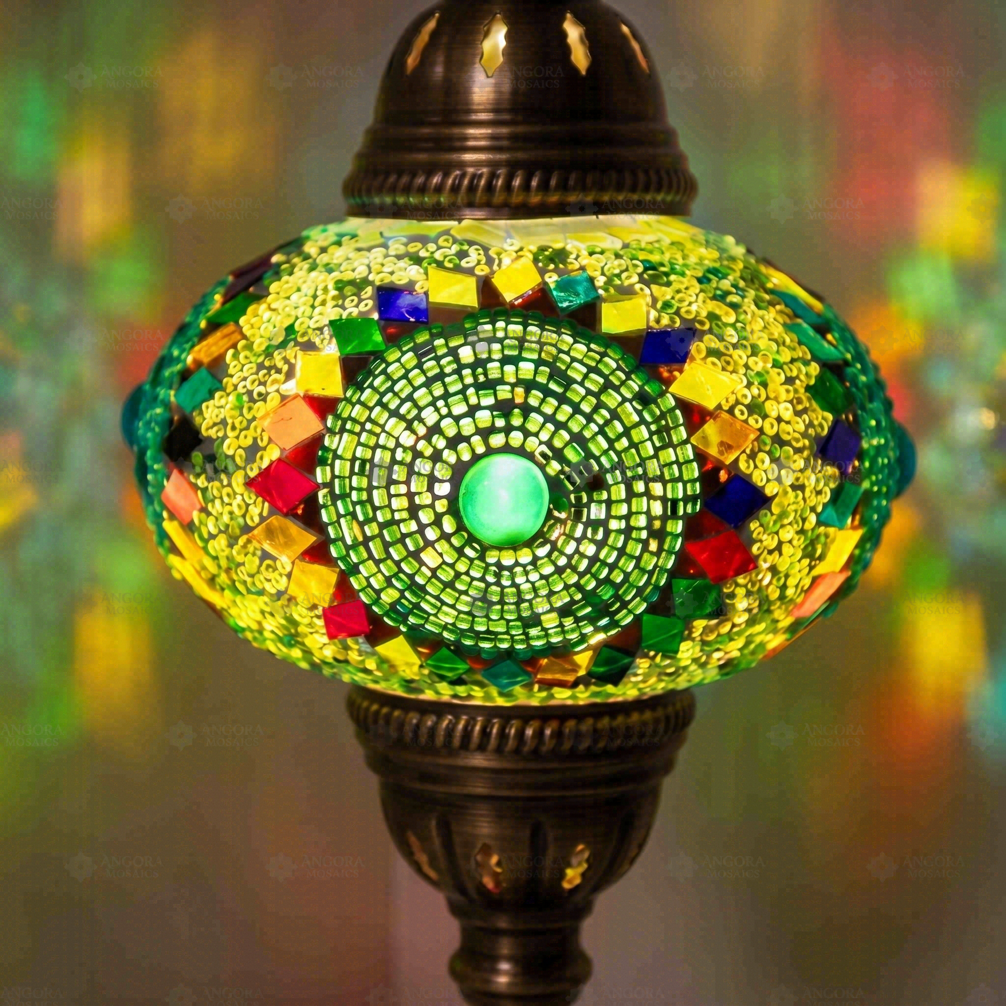 Lit close-up of mosaic glass globe — Green table lamp glowing (ENV MUN3006)