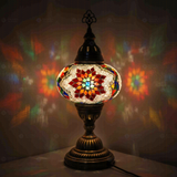 Multicolor Turkish mosaic table lamp illuminated, showing colorful light projection (ENV MUN3007)