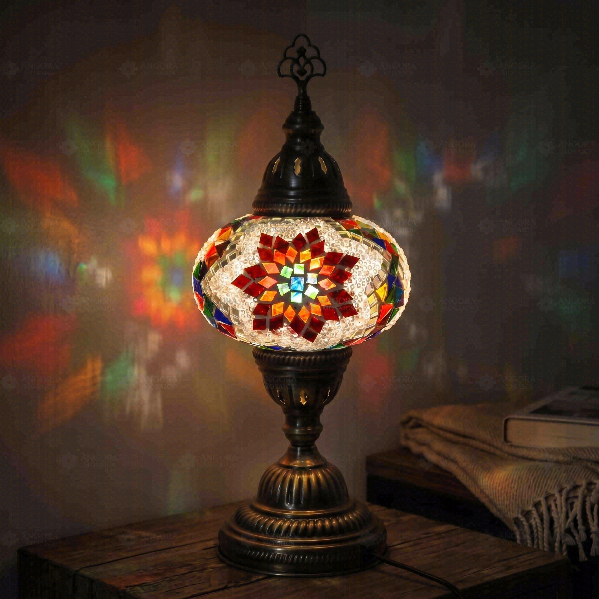 Multicolor multicolor jewel Turkish mosaic table lamp in styled room — handmade Moroccan table lamp (ENV MUN3007)