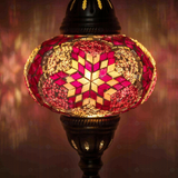 Lit close-up of mosaic glass globe — Pink table lamp glowing (ENV MUN3008)