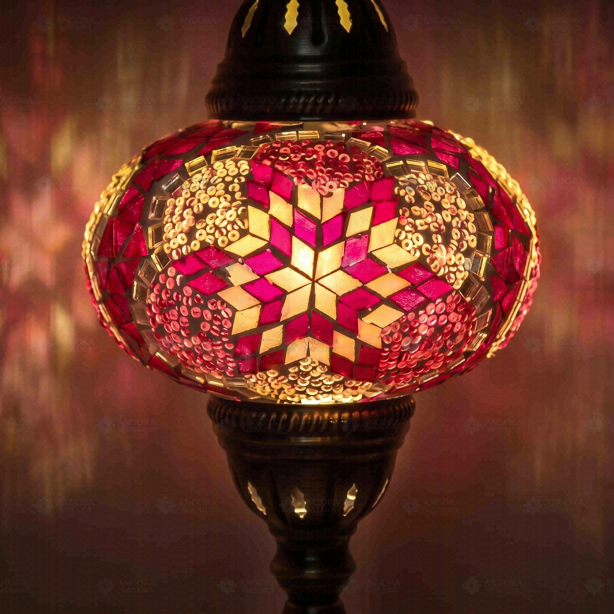 Lit close-up of mosaic glass globe — Pink table lamp glowing (ENV MUN3008)