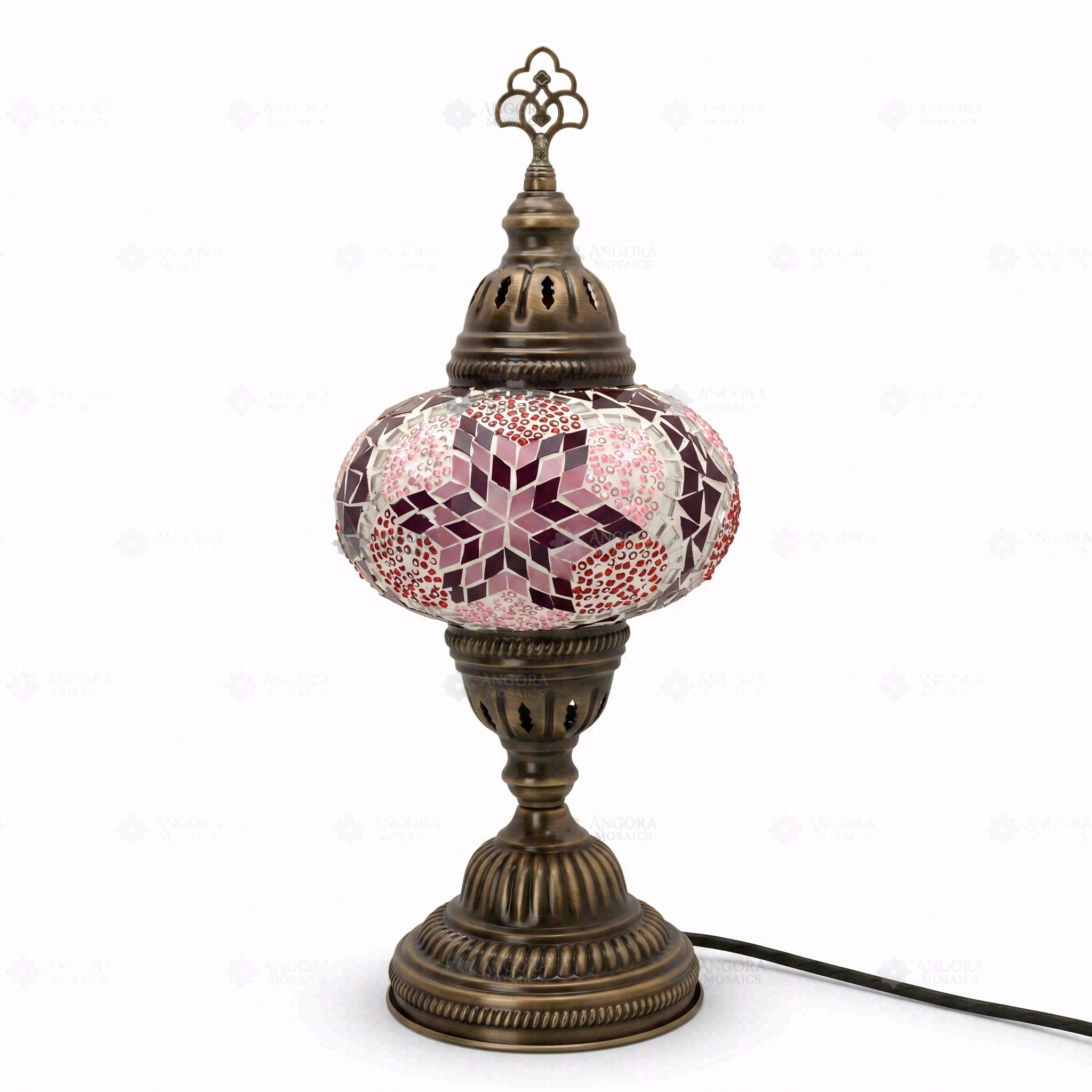 Full view of handmade Pink pink rose Turkish mosaic table lamp on white background (ENV MUN3008)
