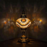 Amber Turkish mosaic table lamp illuminated, showing colorful light projection (ENV MUN3009)
