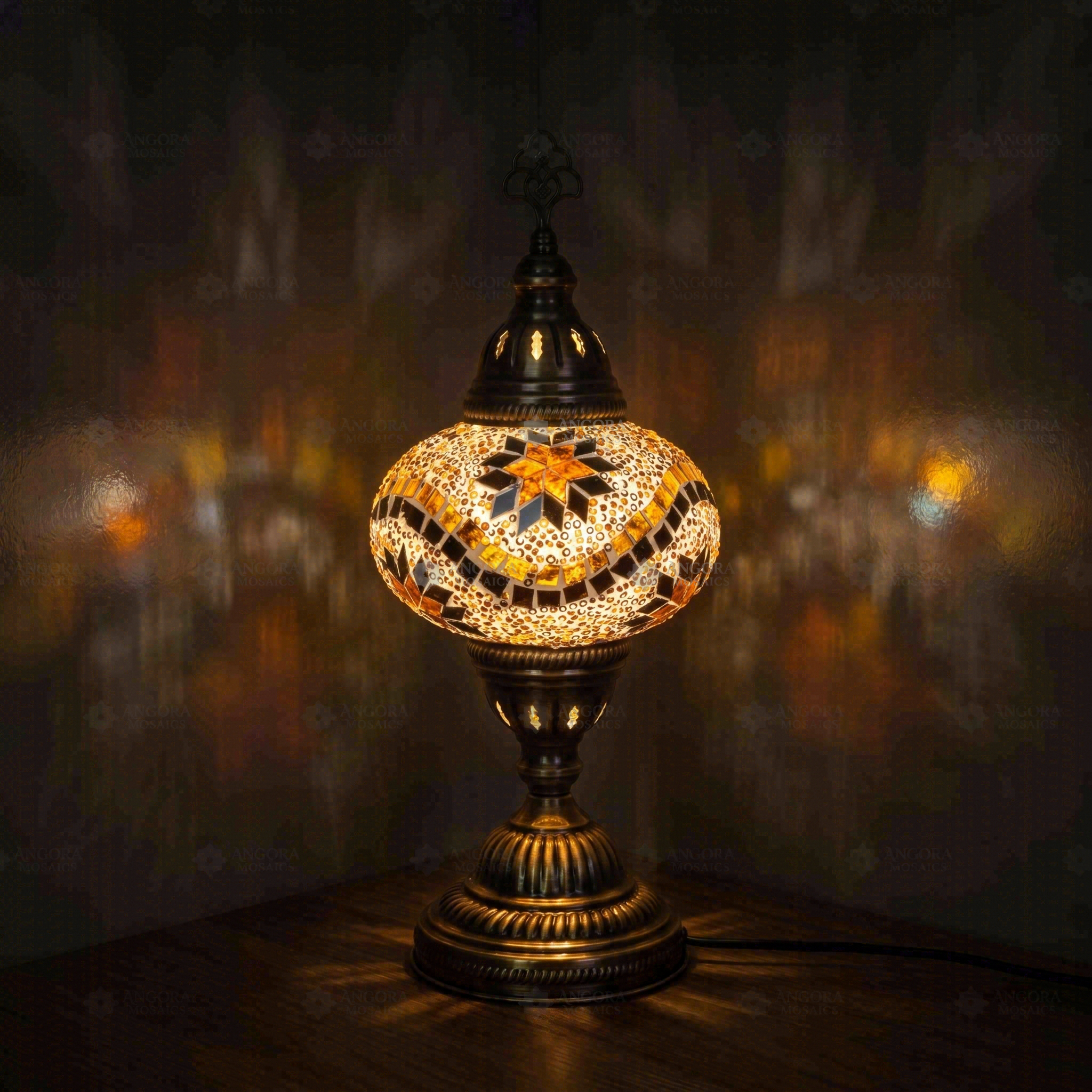 Amber Turkish mosaic table lamp illuminated, showing colorful light projection (ENV MUN3009)