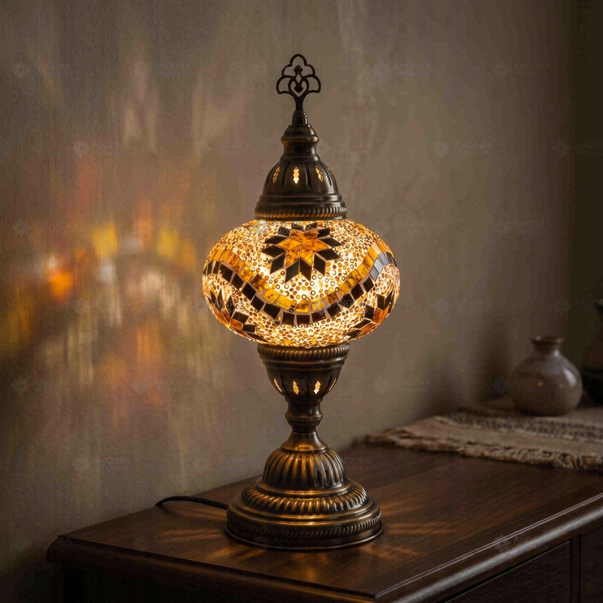 Amber warm amber Turkish mosaic table lamp in styled room — handmade Moroccan table lamp (ENV MUN3009)