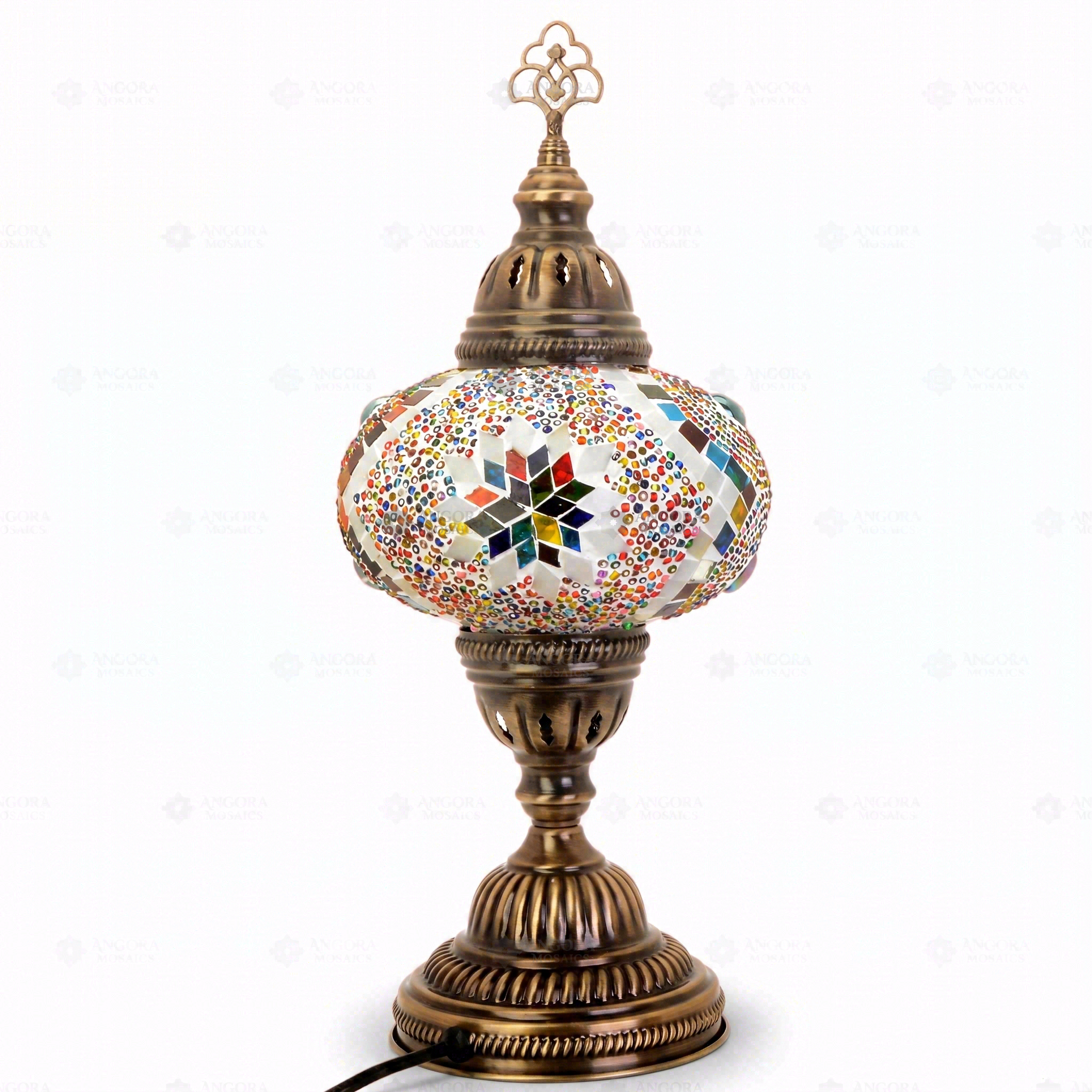 Full view of handmade Multicolor multicolor jewel Turkish mosaic table lamp on white background (ENV MUN3010)