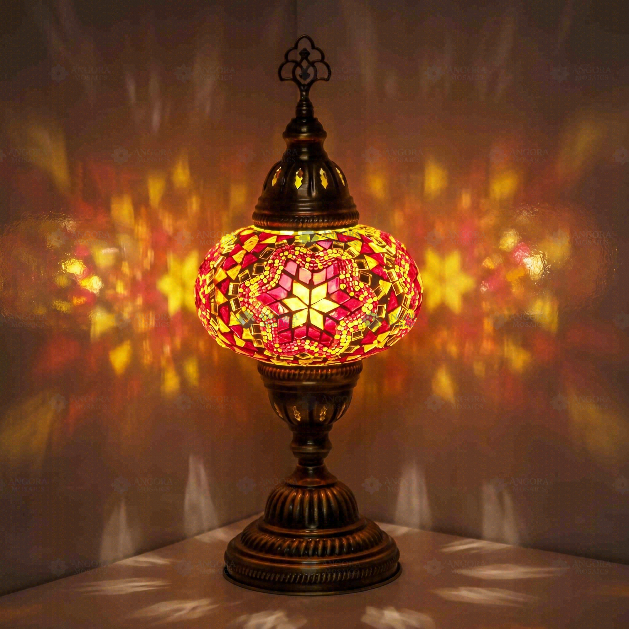 Red Turkish mosaic table lamp illuminated, showing colorful light projection (ENV MUN3011)
