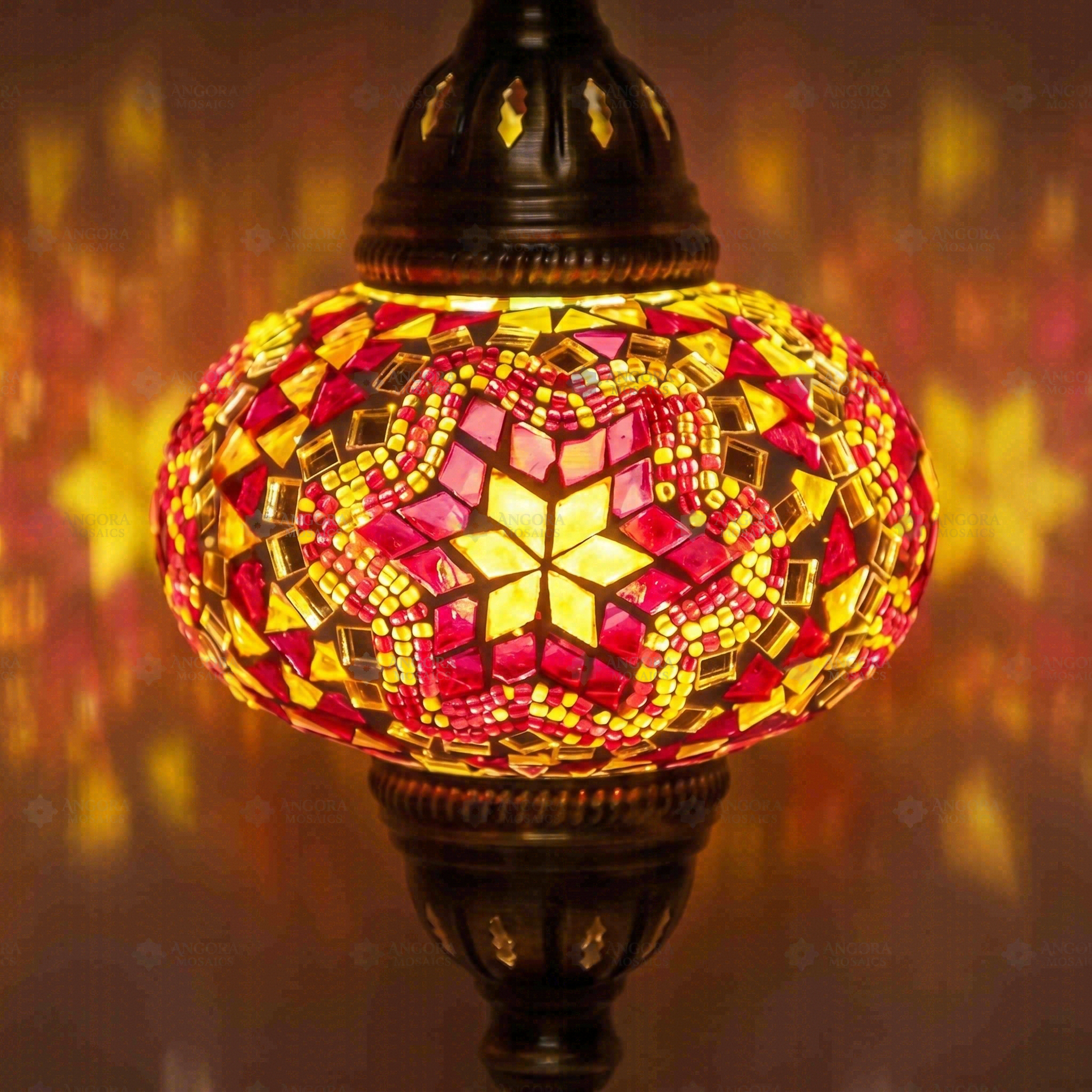 Lit close-up of mosaic glass globe — Red table lamp glowing (ENV MUN3011)